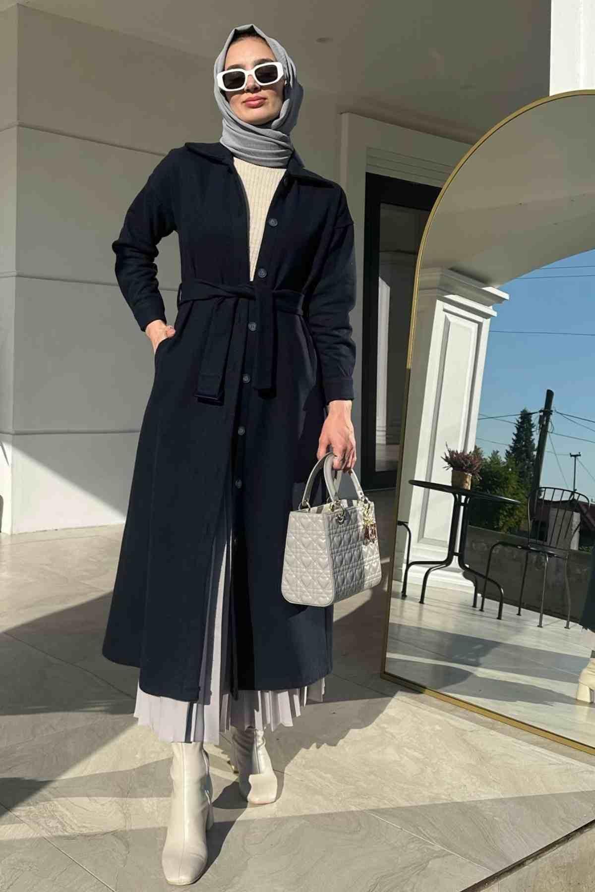 Asmin Kaşe Kap Lacivert | Rabia Şamlı | Tesettür Elbise ve Kadın Giyim Modası
