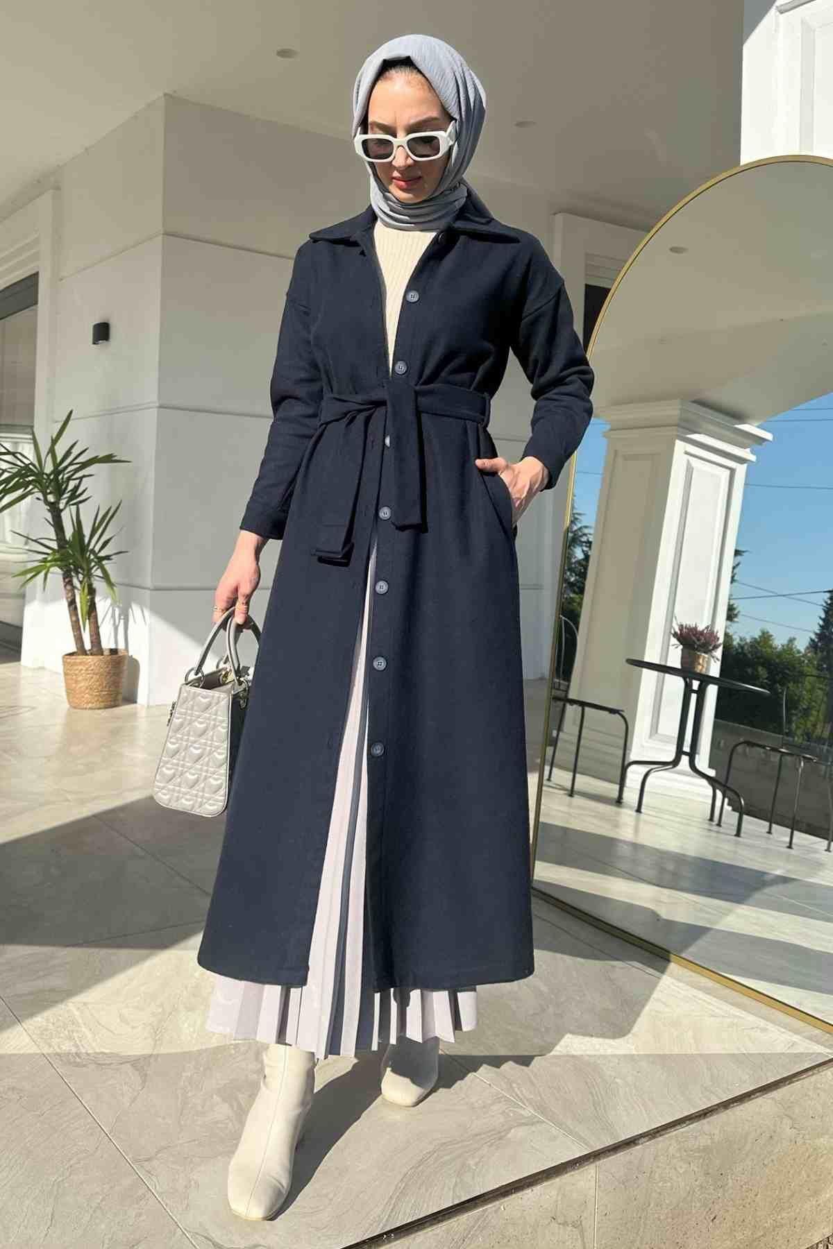 Asmin Kaşe Kap Lacivert | Rabia Şamlı | Tesettür Elbise ve Kadın Giyim Modası