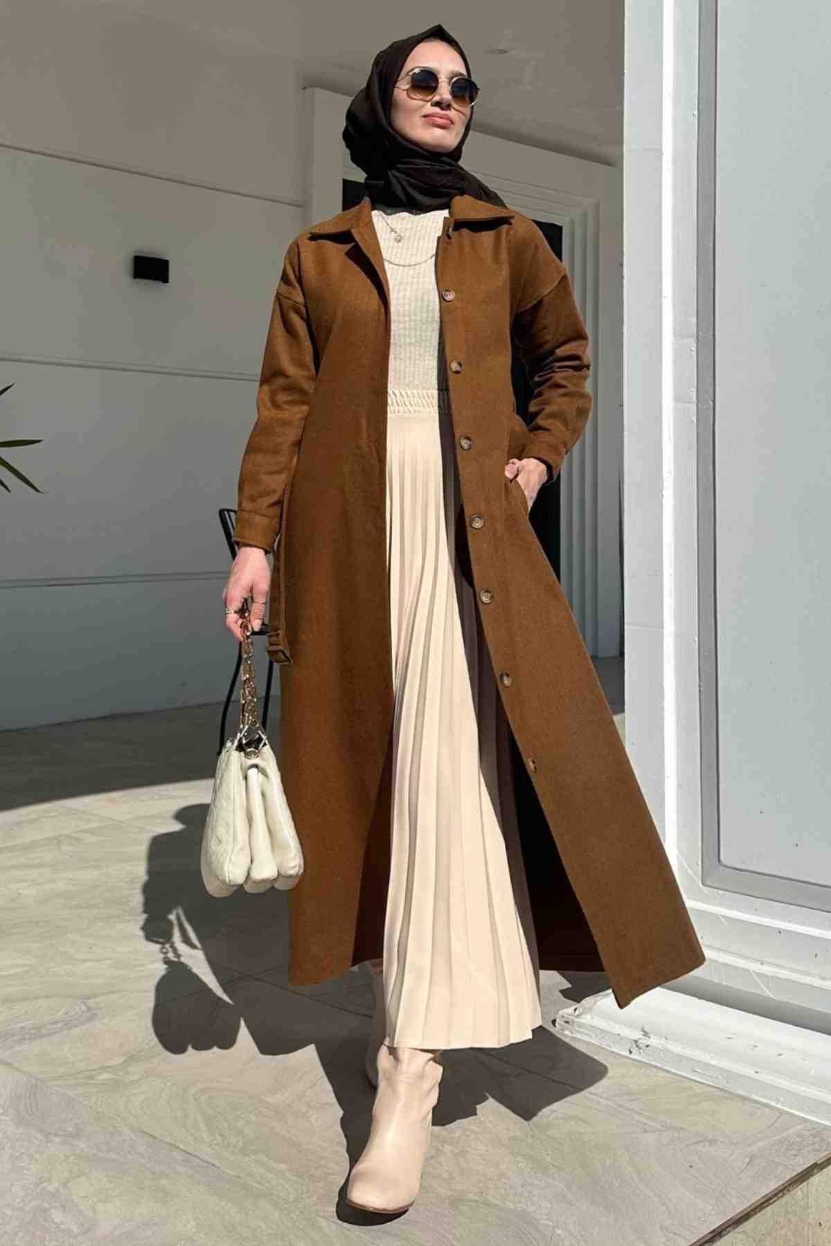 Asmin Kaşe Kap Taba | Rabia Şamlı | Tesettür Elbise ve Kadın Giyim Modası