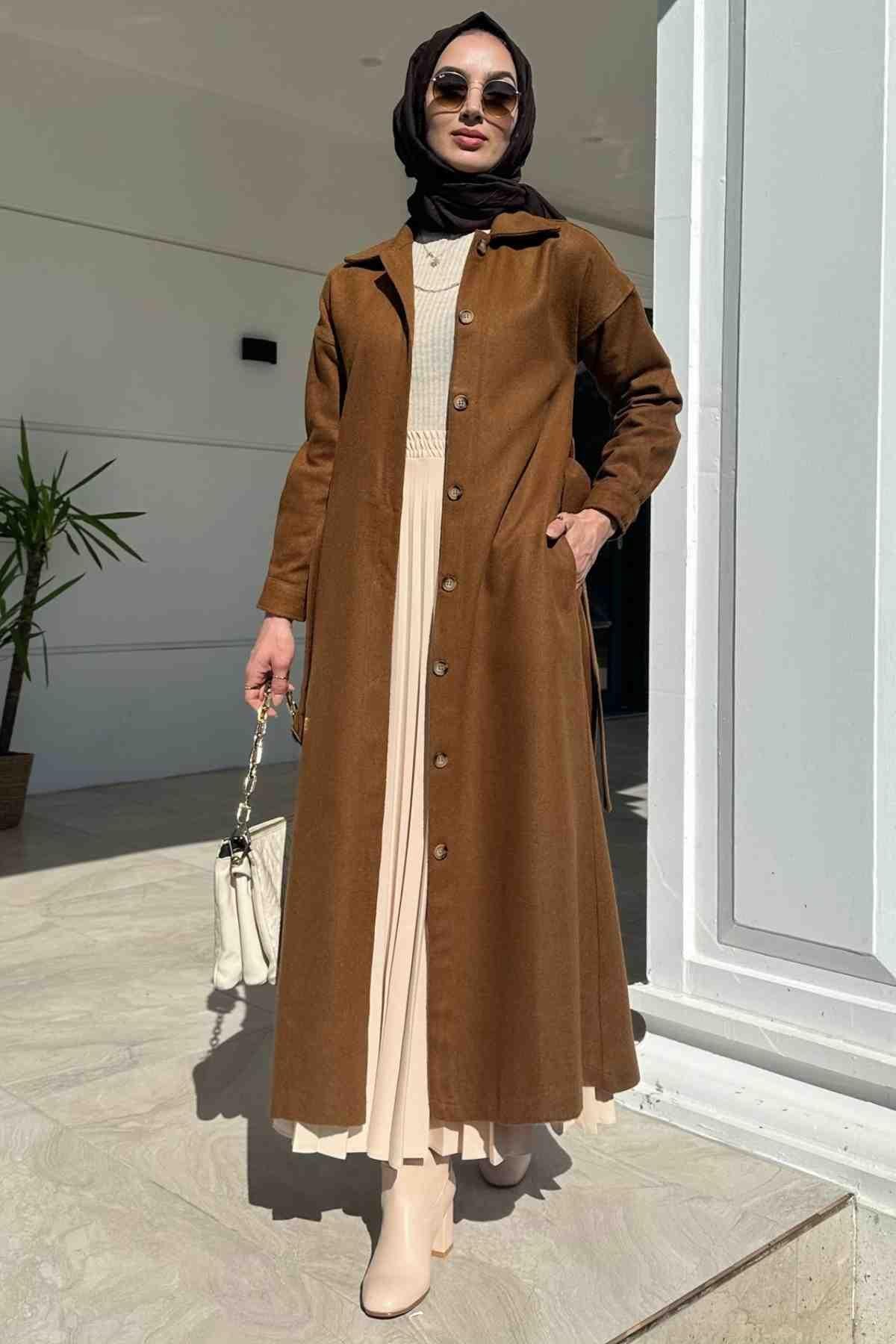 Asmin Kaşe Kap Taba | Rabia Şamlı | Tesettür Elbise ve Kadın Giyim Modası