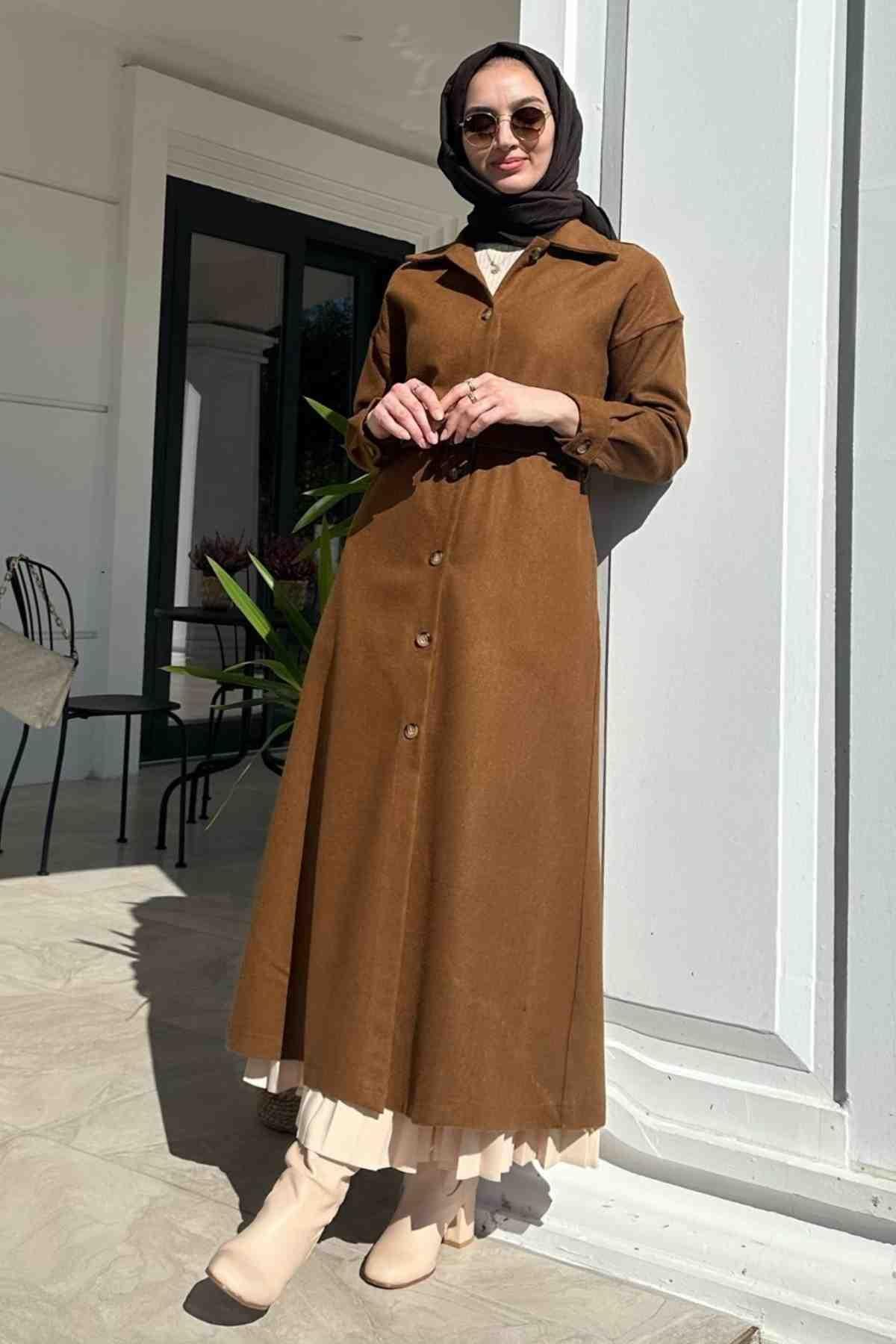 Asmin Kaşe Kap Taba | Rabia Şamlı | Tesettür Elbise ve Kadın Giyim Modası