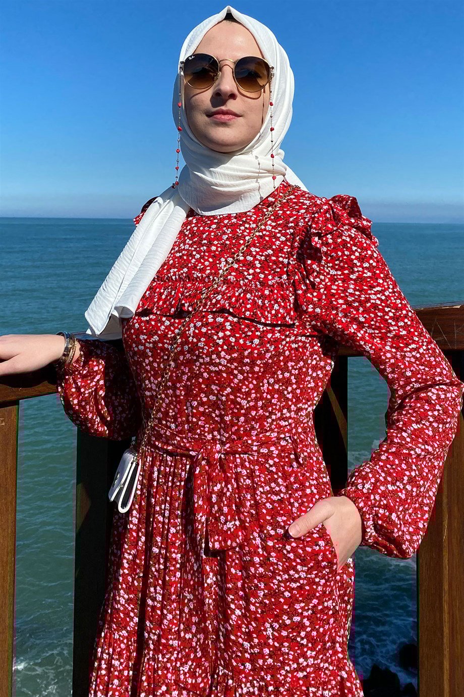 Berna Çiçekli Elbise Kırmızı