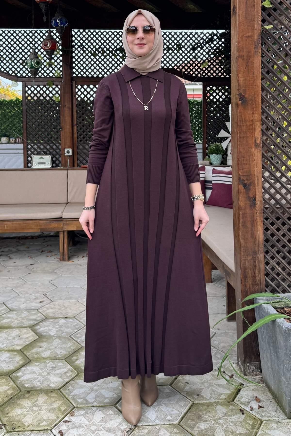 Şölen Fularlı Triko Elbise Acı Kahve | Rabia Şamlı | Tesettür Giyim, Elbise ve Kadın Giyim Modası