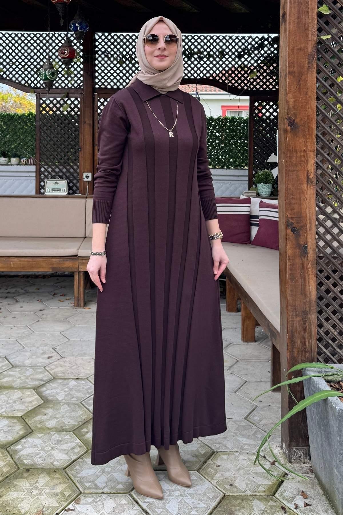Şölen Fularlı Triko Elbise Acı Kahve | Rabia Şamlı | Tesettür Giyim, Elbise ve Kadın Giyim Modası