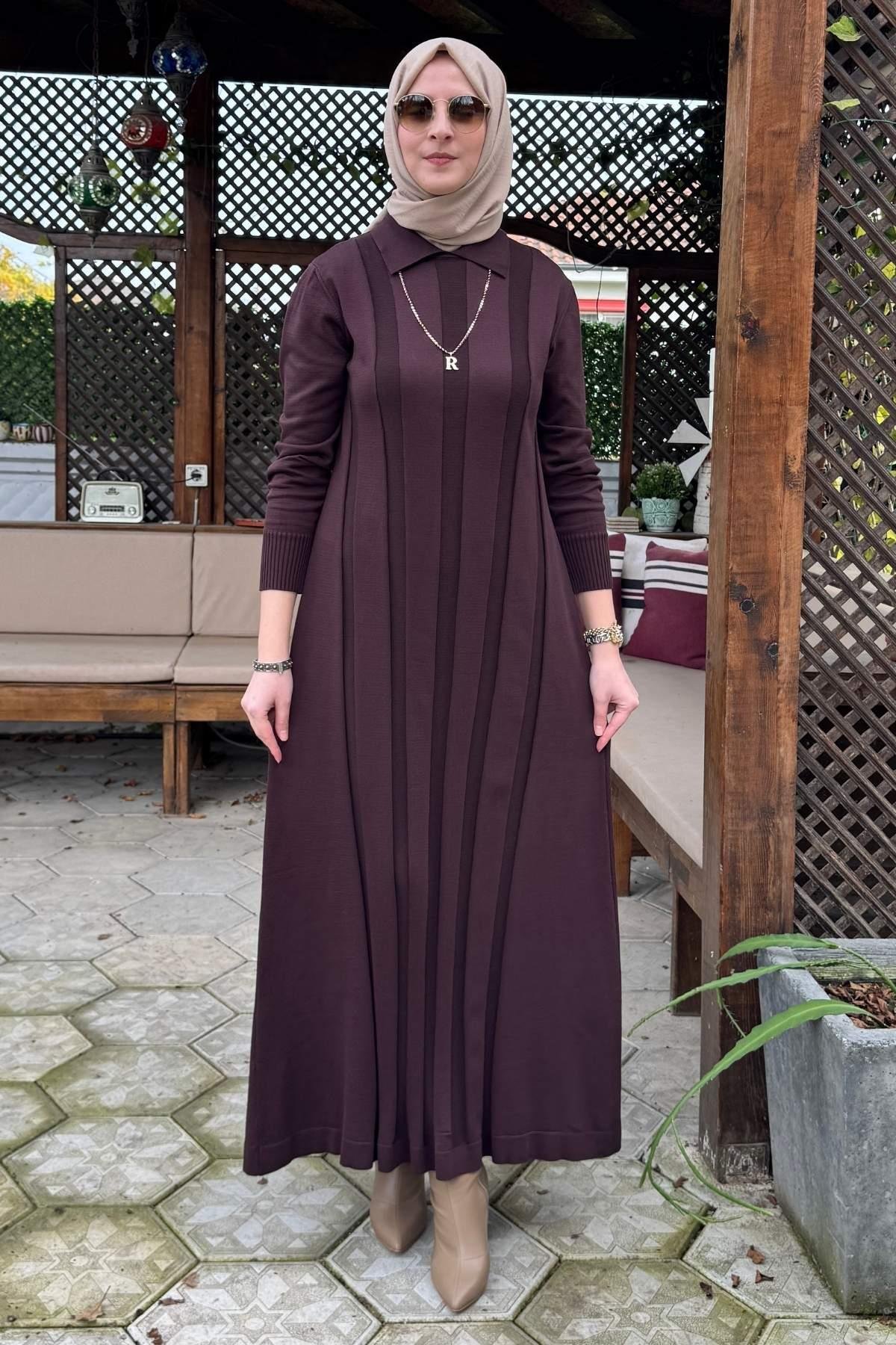 Şölen Fularlı Triko Elbise Acı Kahve | Rabia Şamlı | Tesettür Giyim, Elbise ve Kadın Giyim Modası