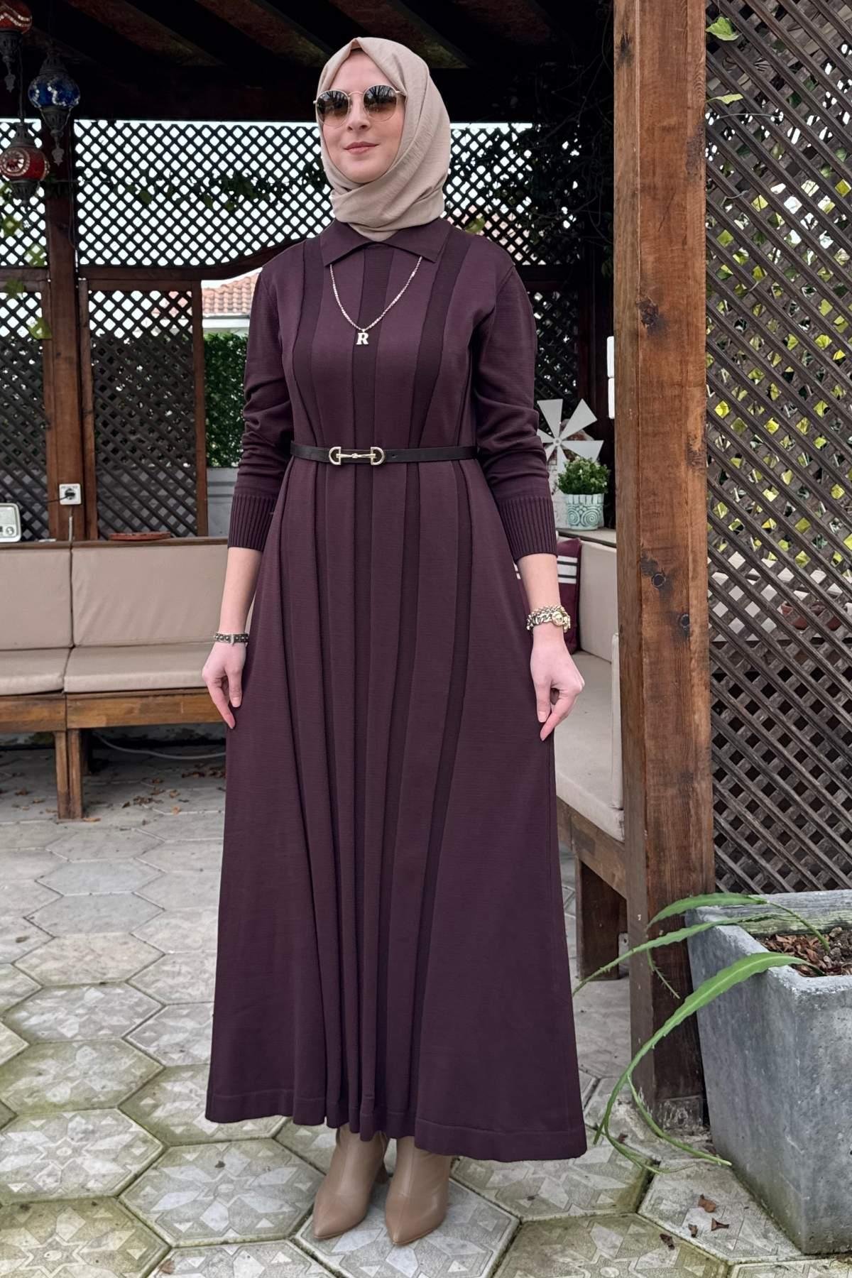 Şölen Fularlı Triko Elbise Acı Kahve | Rabia Şamlı | Tesettür Giyim, Elbise ve Kadın Giyim Modası