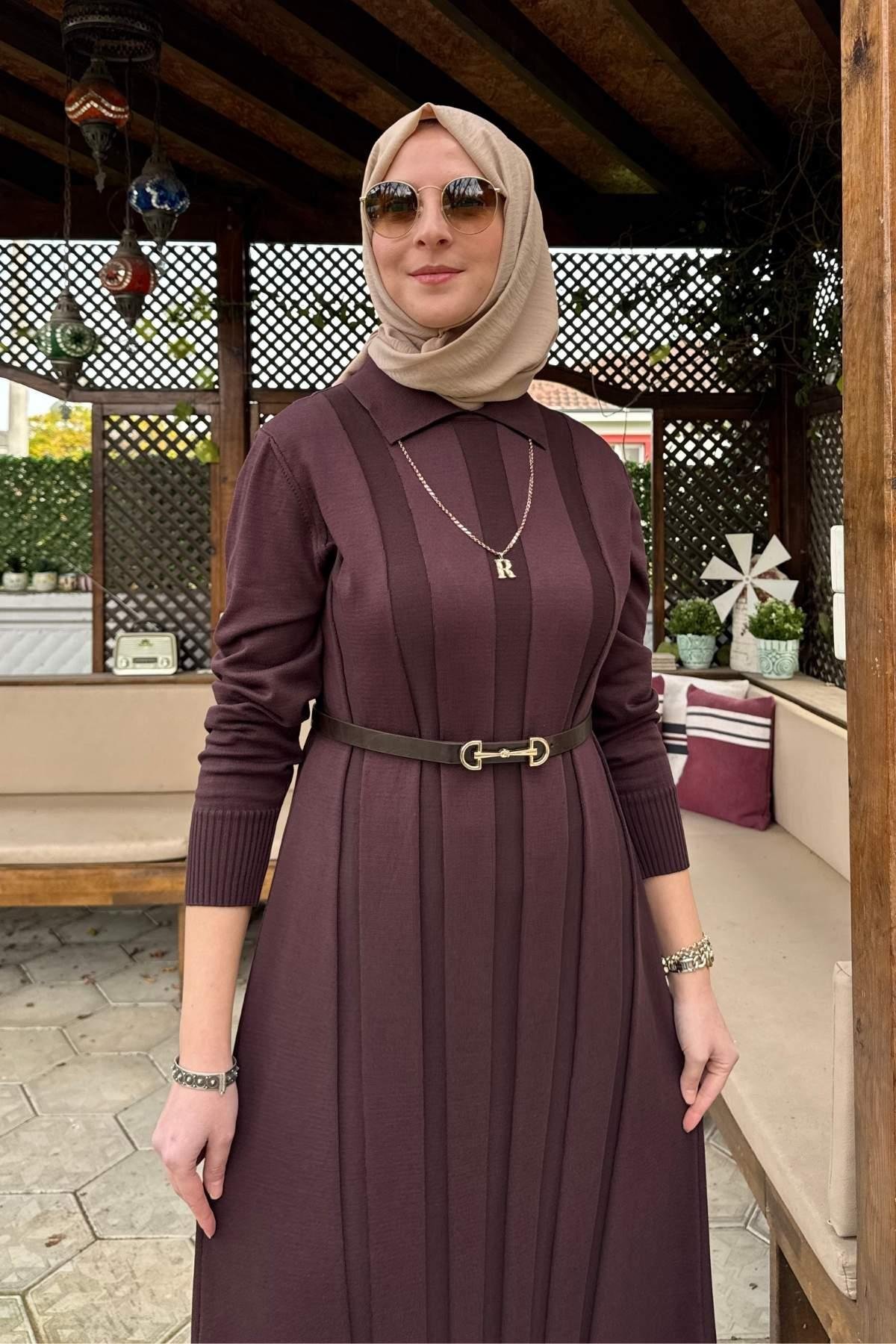 Şölen Fularlı Triko Elbise Acı Kahve | Rabia Şamlı | Tesettür Giyim, Elbise ve Kadın Giyim Modası