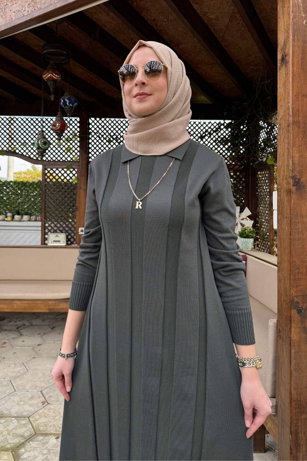 Şölen Fularlı Triko Elbise Acı Kahve | Rabia Şamlı | Tesettür Giyim, Elbise ve Kadın Giyim Modası