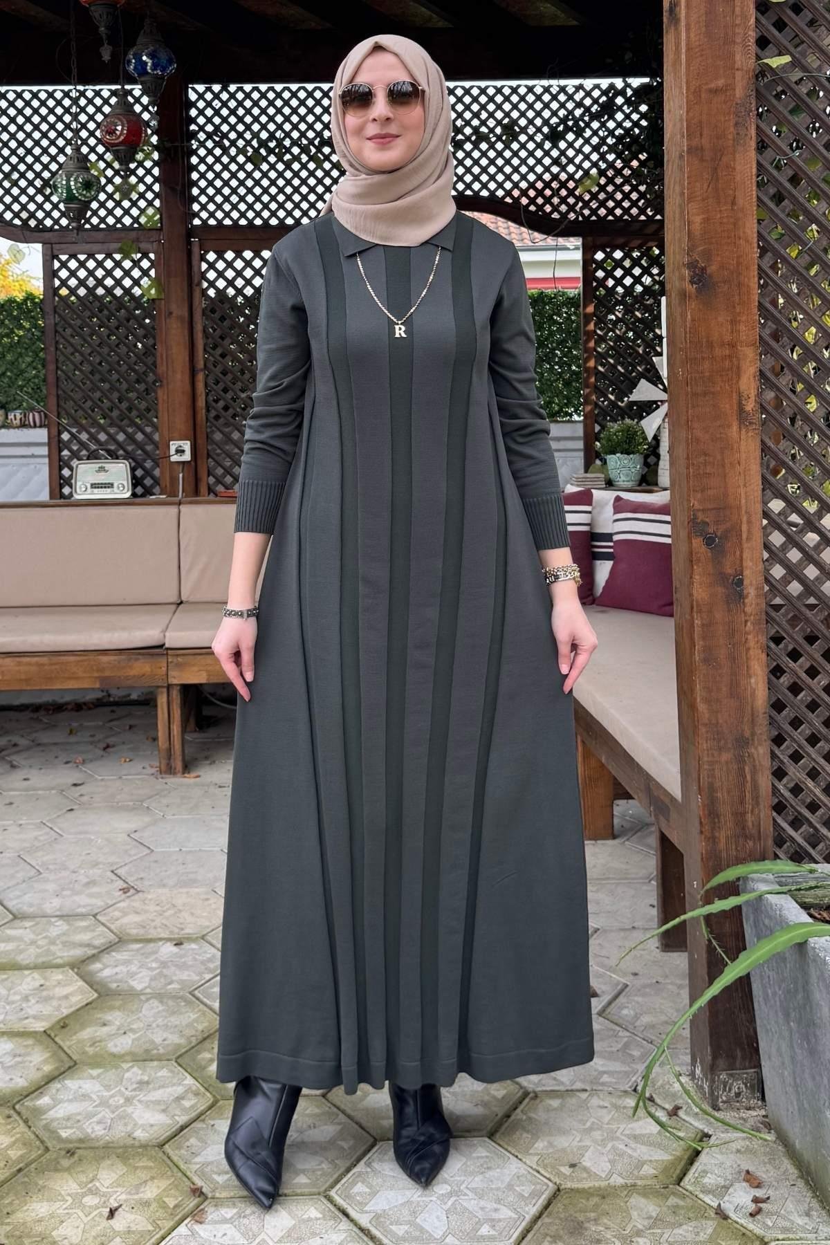 Şölen Fularlı Triko Elbise Acı Kahve | Rabia Şamlı | Tesettür Giyim, Elbise ve Kadın Giyim Modası