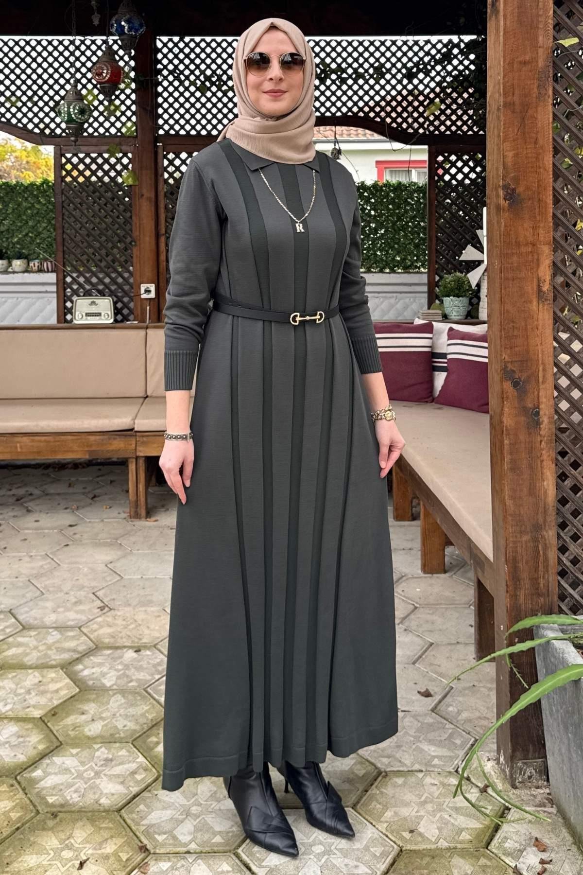 Şölen Fularlı Triko Elbise Acı Kahve | Rabia Şamlı | Tesettür Giyim, Elbise ve Kadın Giyim Modası