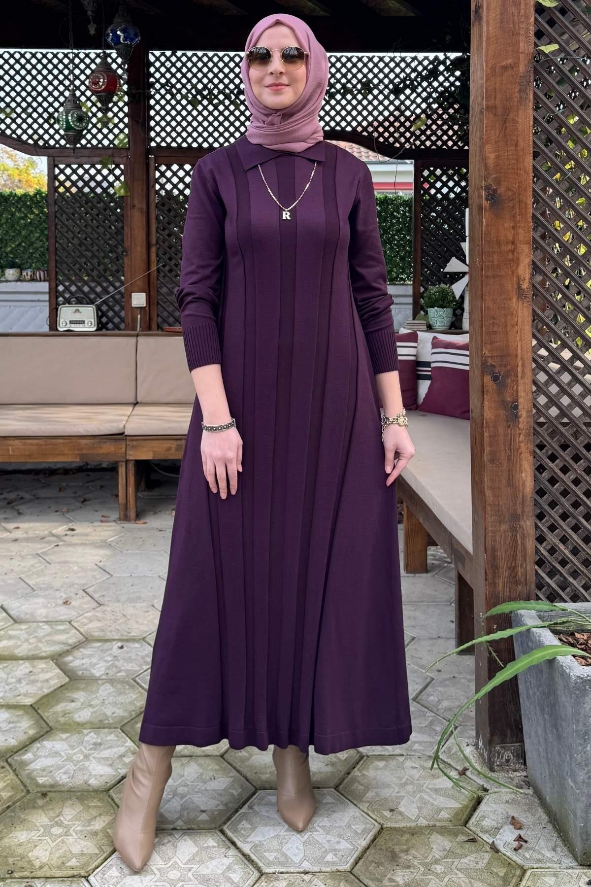 Şölen Fularlı Triko Elbise Acı Kahve | Rabia Şamlı | Tesettür Giyim, Elbise ve Kadın Giyim Modası