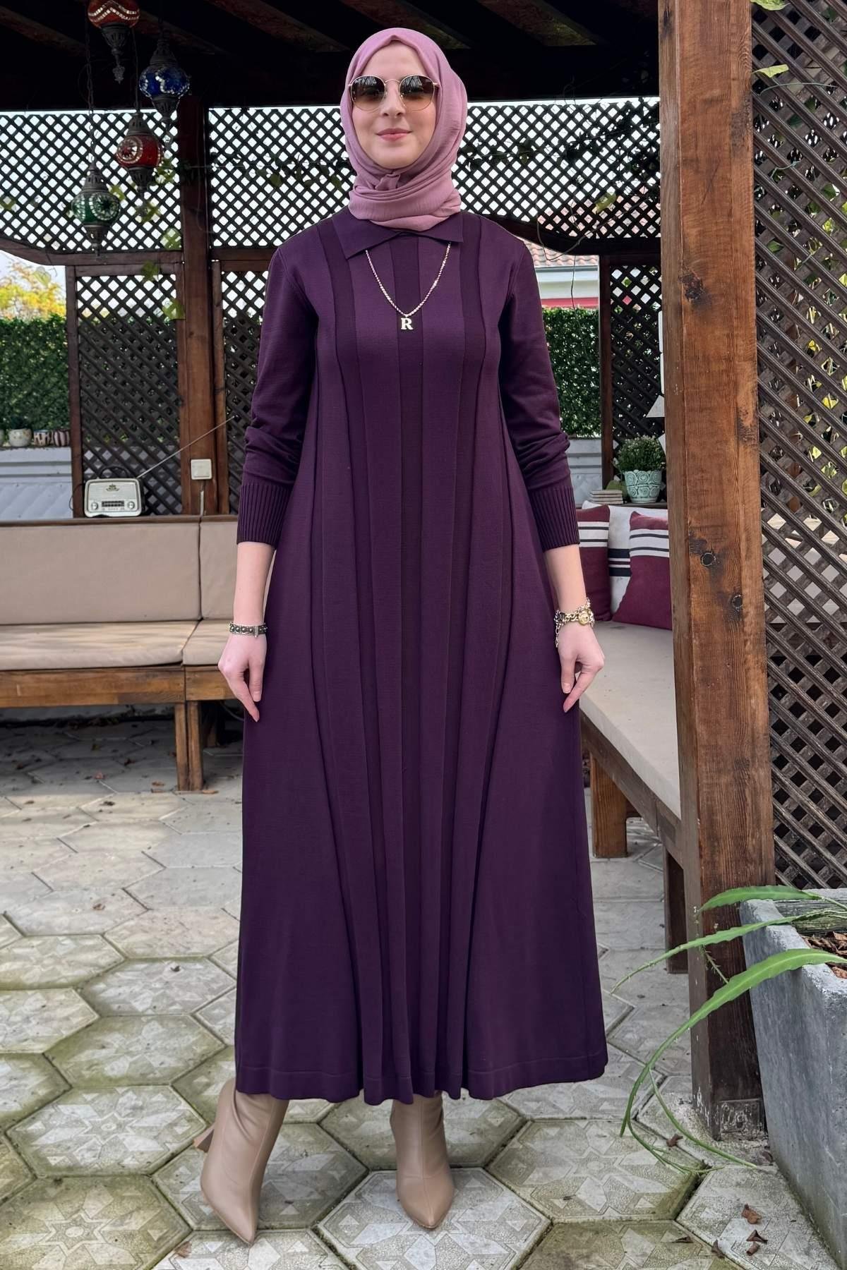 Şölen Fularlı Triko Elbise Acı Kahve | Rabia Şamlı | Tesettür Giyim, Elbise ve Kadın Giyim Modası