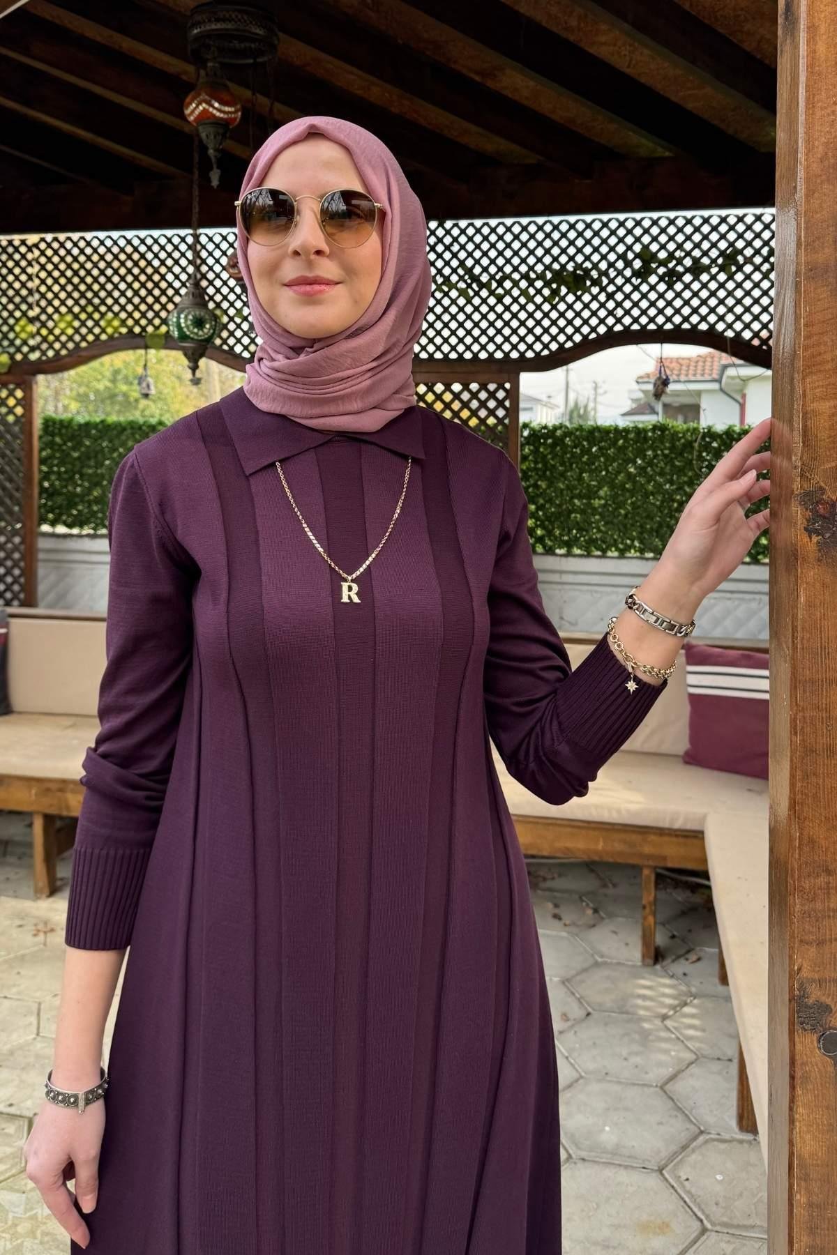 Şölen Fularlı Triko Elbise Acı Kahve | Rabia Şamlı | Tesettür Giyim, Elbise ve Kadın Giyim Modası