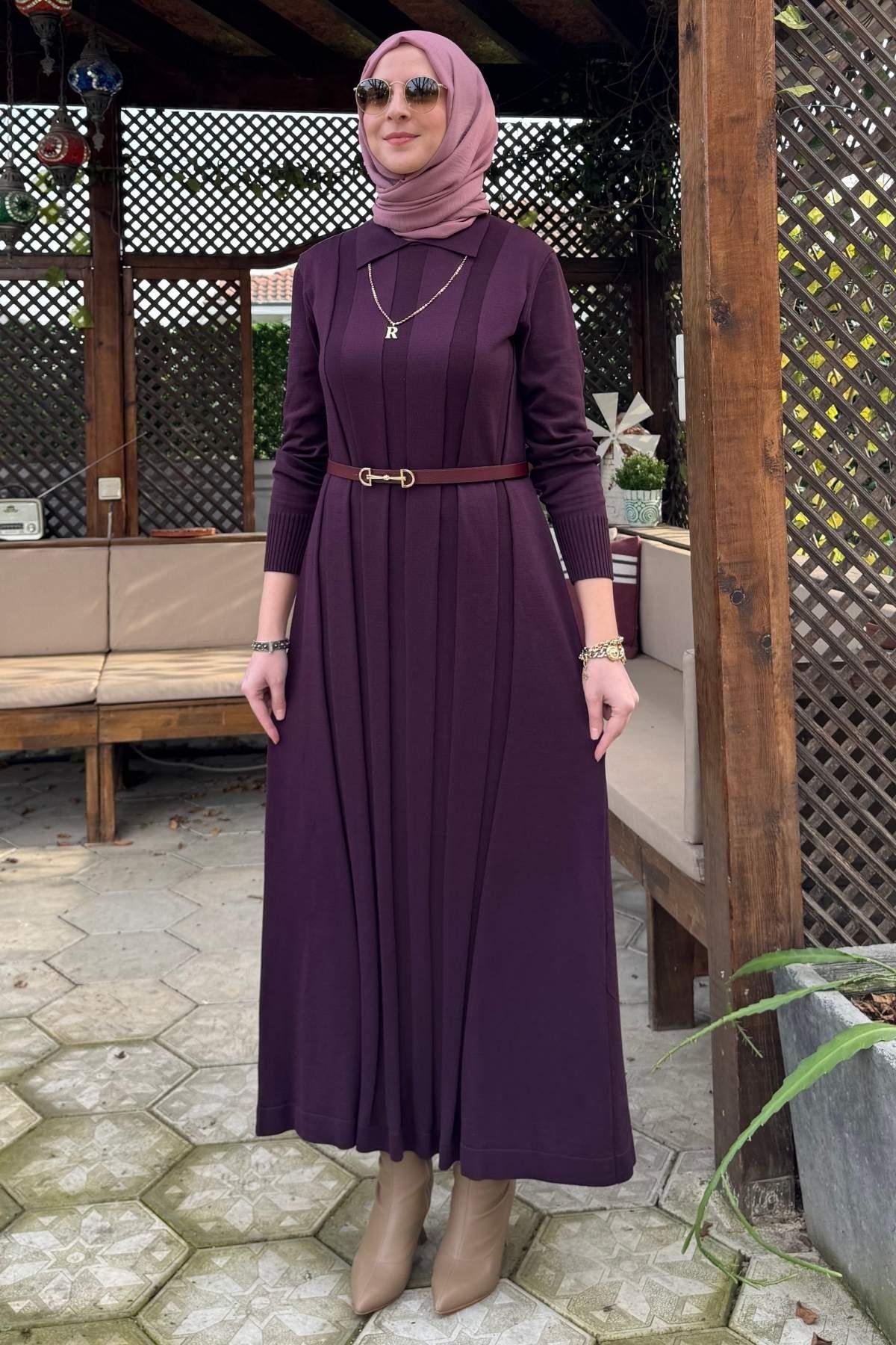 Şölen Fularlı Triko Elbise Acı Kahve | Rabia Şamlı | Tesettür Giyim, Elbise ve Kadın Giyim Modası