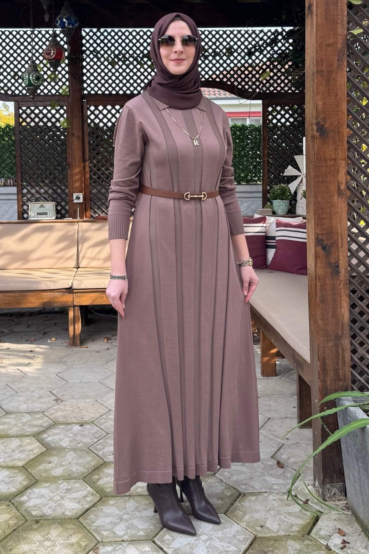 Şölen Fularlı Triko Elbise Acı Kahve | Rabia Şamlı | Tesettür Giyim, Elbise ve Kadın Giyim Modası