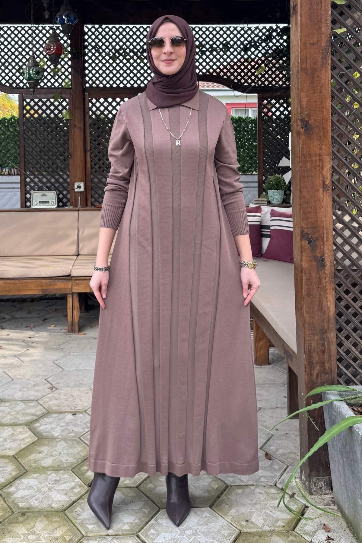 Şölen Fularlı Triko Elbise Acı Kahve | Rabia Şamlı | Tesettür Giyim, Elbise ve Kadın Giyim Modası
