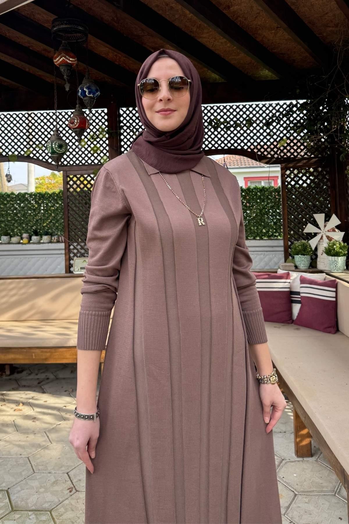 Şölen Fularlı Triko Elbise Acı Kahve | Rabia Şamlı | Tesettür Giyim, Elbise ve Kadın Giyim Modası