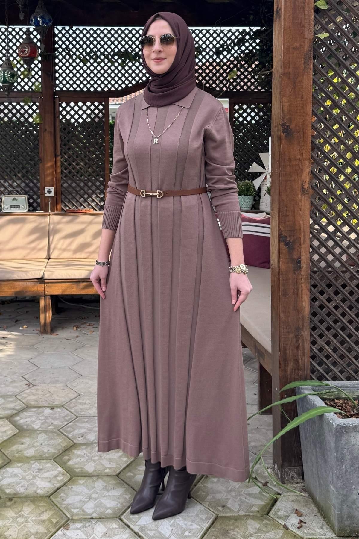 Şölen Fularlı Triko Elbise Acı Kahve | Rabia Şamlı | Tesettür Giyim, Elbise ve Kadın Giyim Modası