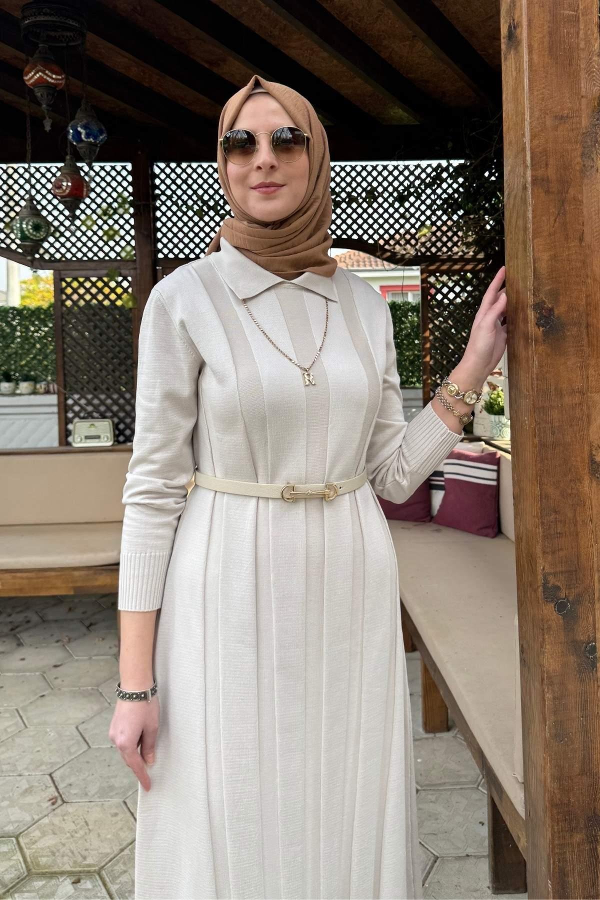 Şölen Fularlı Triko Elbise Acı Kahve | Rabia Şamlı | Tesettür Giyim, Elbise ve Kadın Giyim Modası