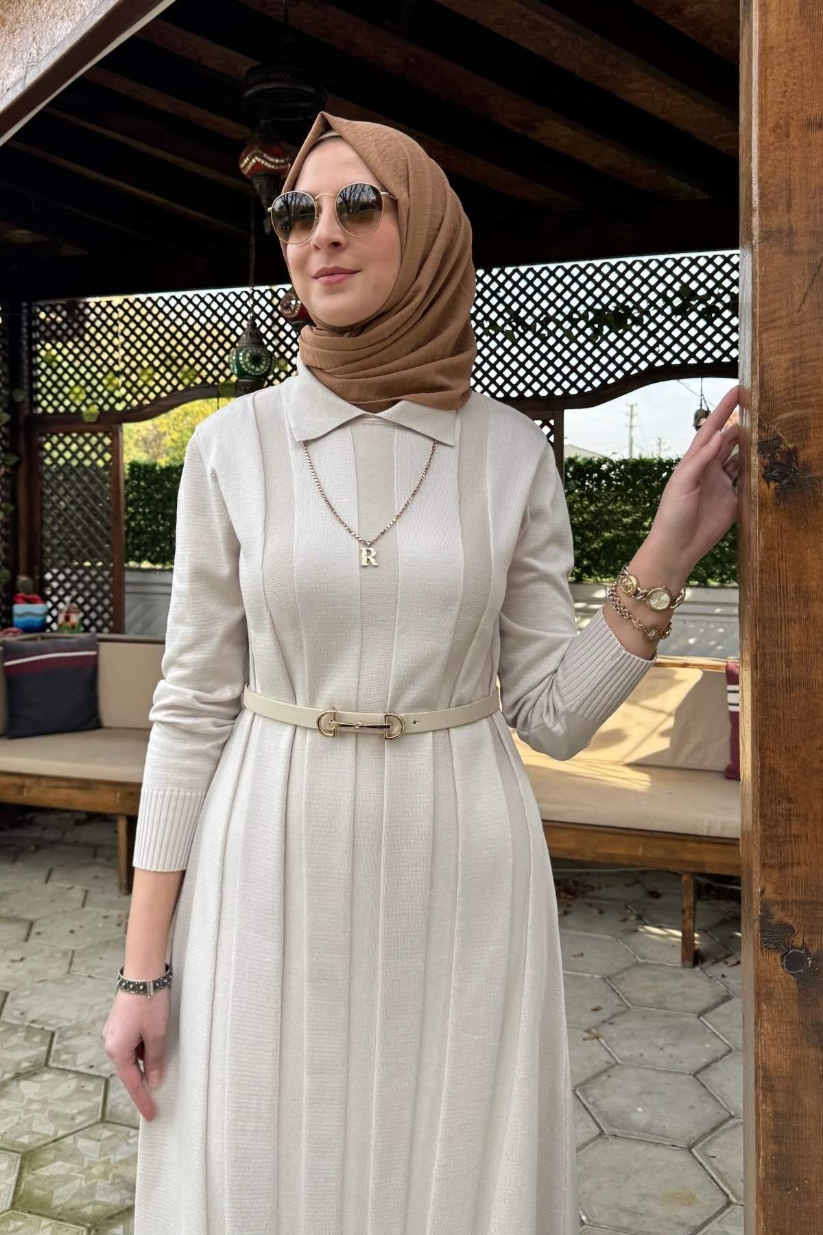 Şölen Fularlı Triko Elbise Acı Kahve | Rabia Şamlı | Tesettür Giyim, Elbise ve Kadın Giyim Modası