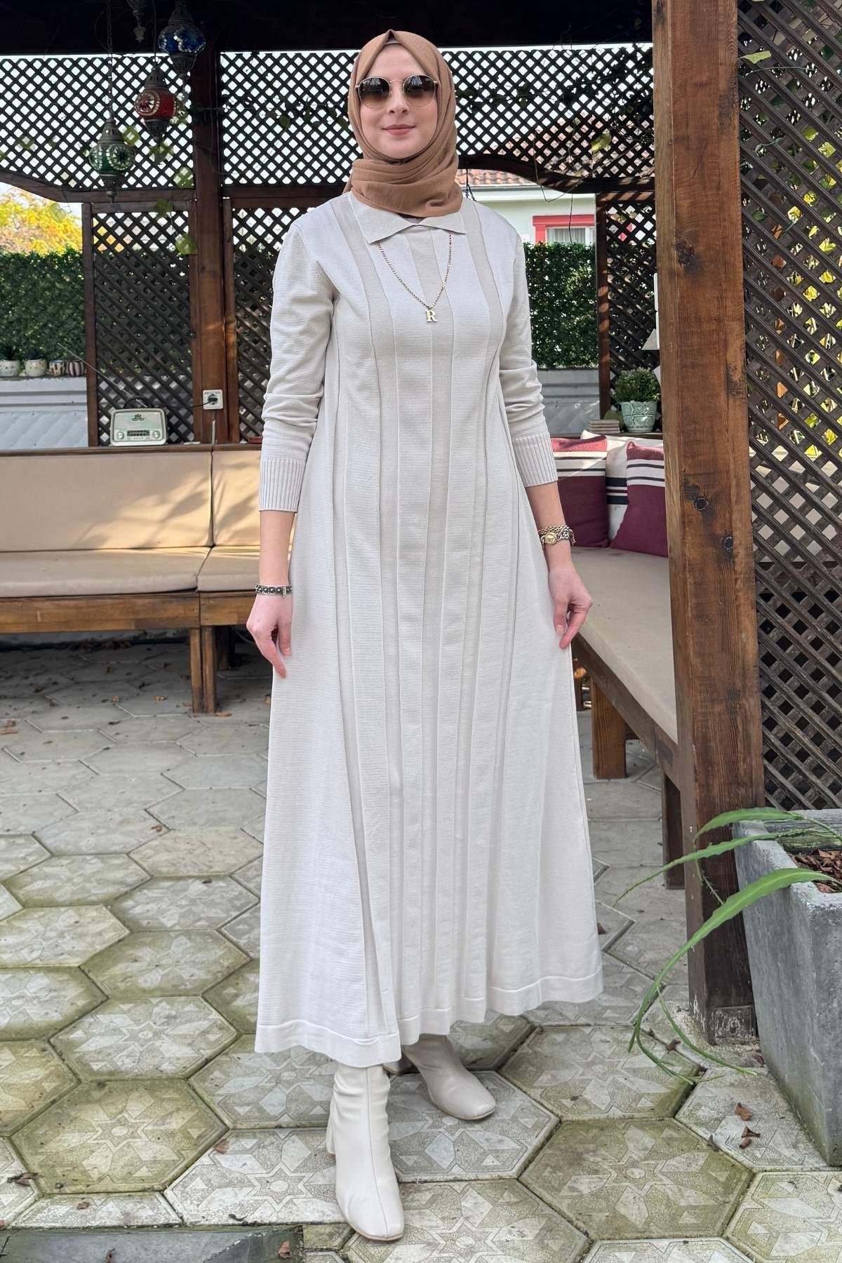 Şölen Fularlı Triko Elbise Acı Kahve | Rabia Şamlı | Tesettür Giyim, Elbise ve Kadın Giyim Modası