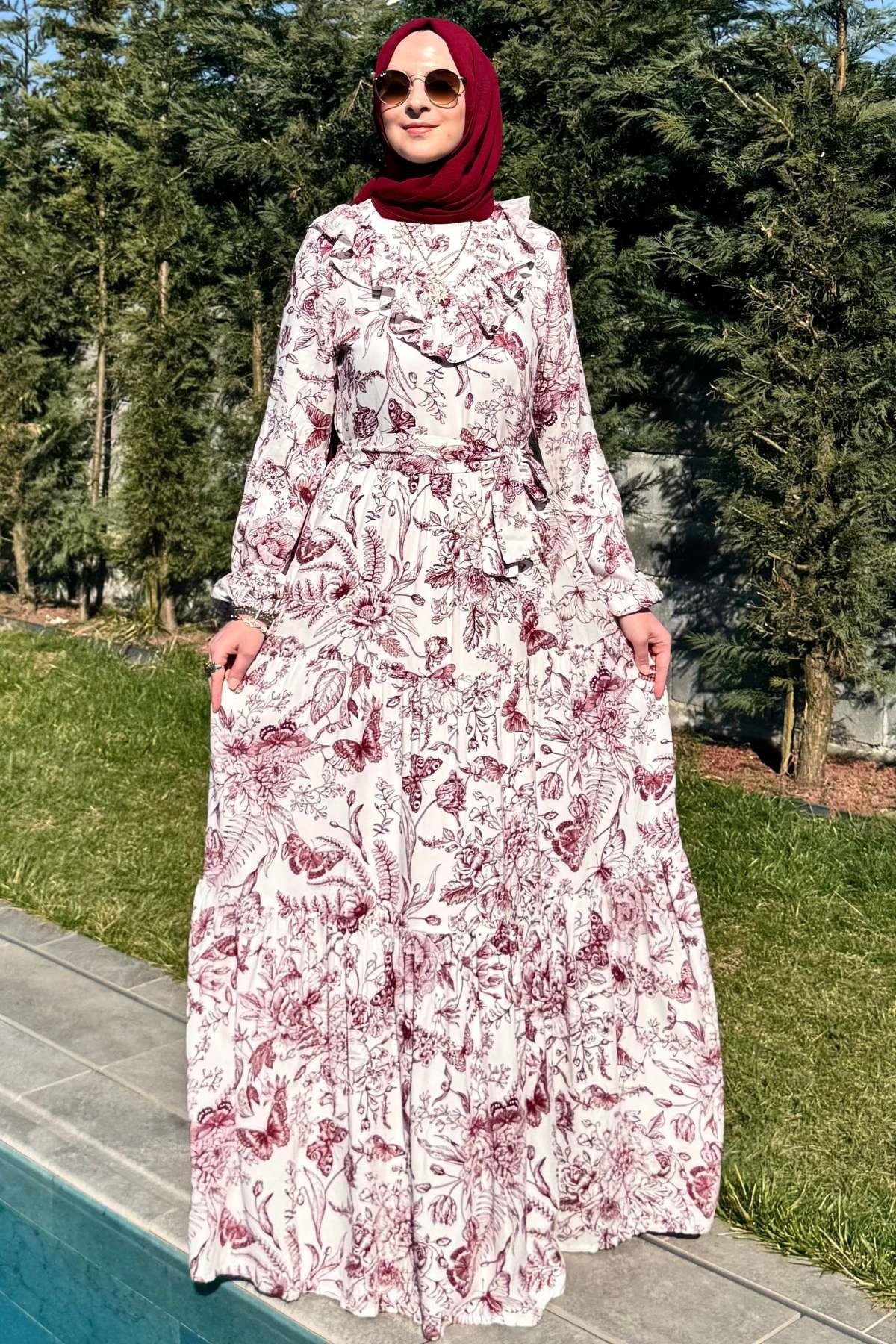 Su Desenli Elbise Kahve | Rabia Şamlı | Tesettür Giyim, Elbise ve Kadın Giyim Modası