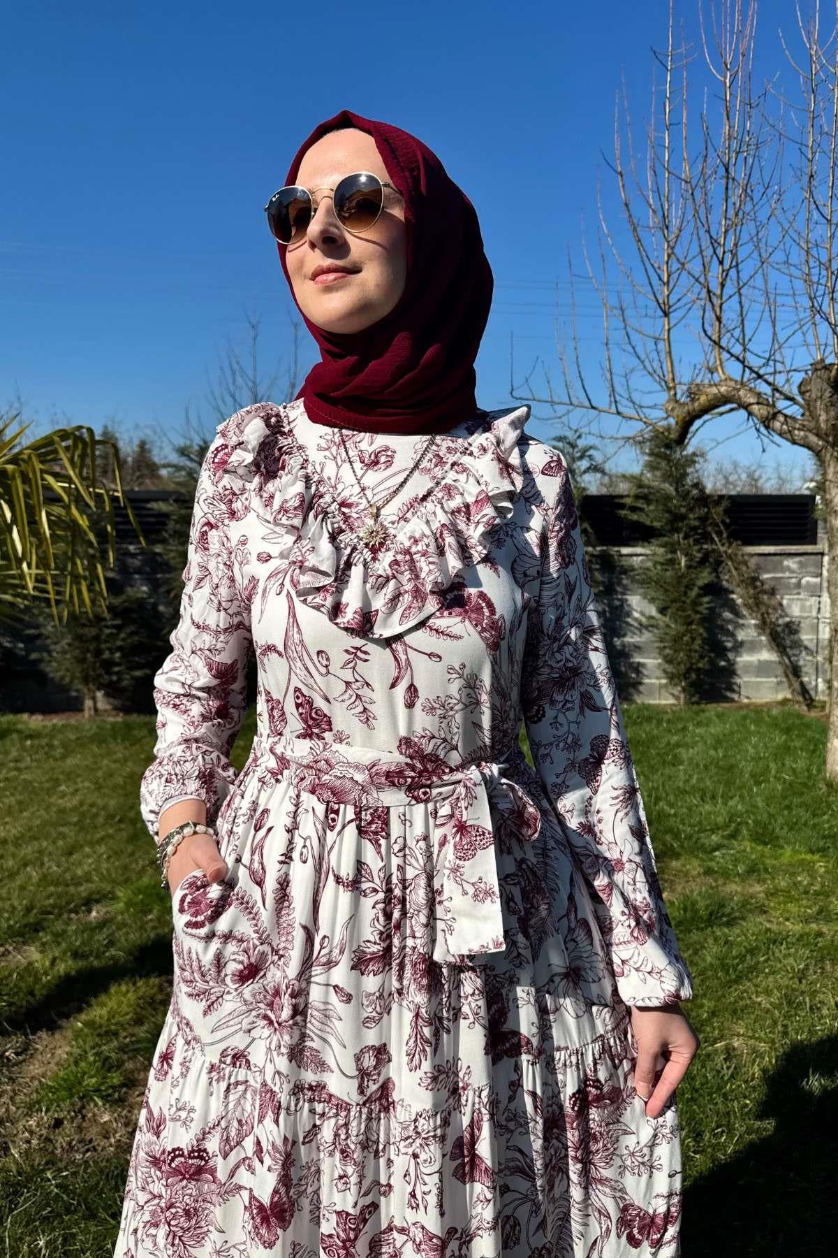 Su Desenli Elbise Kahve | Rabia Şamlı | Tesettür Giyim, Elbise ve Kadın Giyim Modası