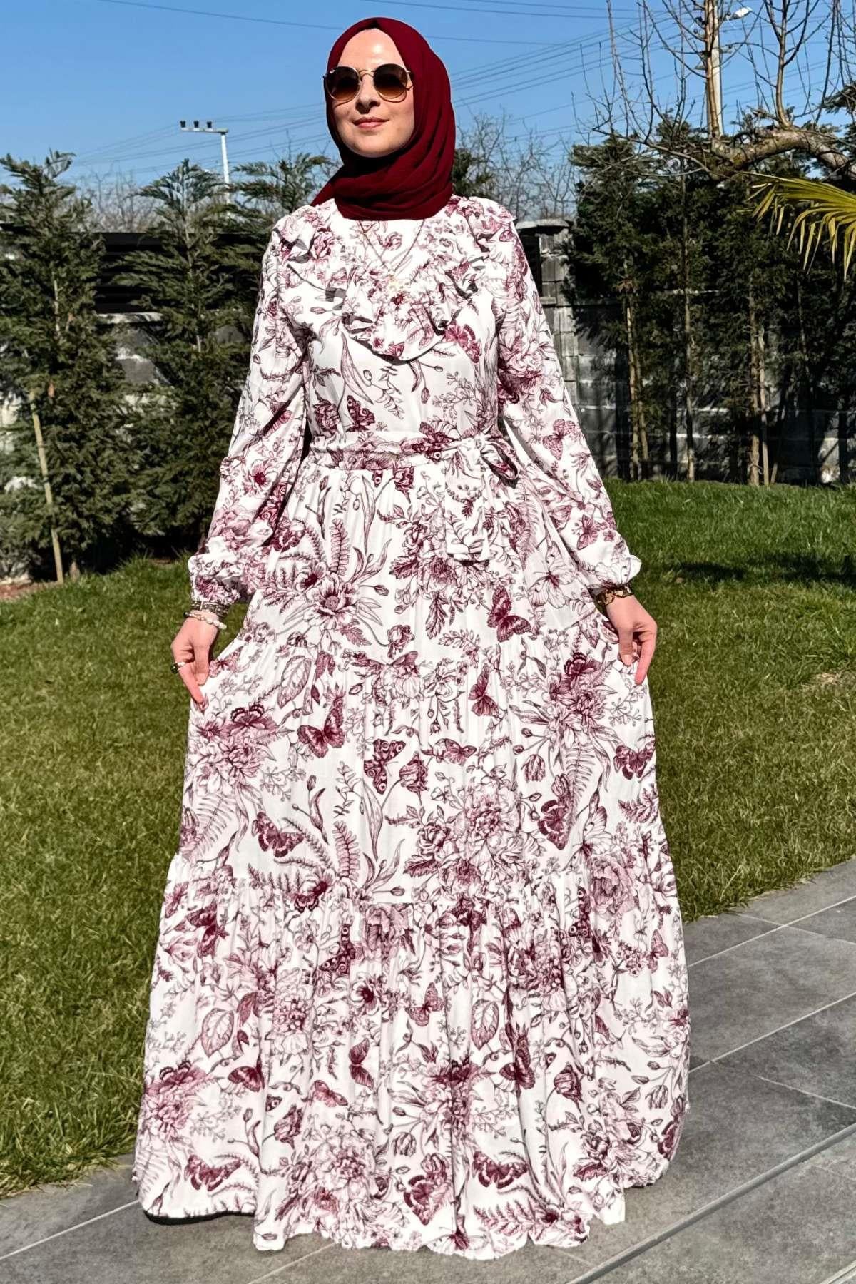 Su Desenli Elbise Kahve | Rabia Şamlı | Tesettür Giyim, Elbise ve Kadın Giyim Modası