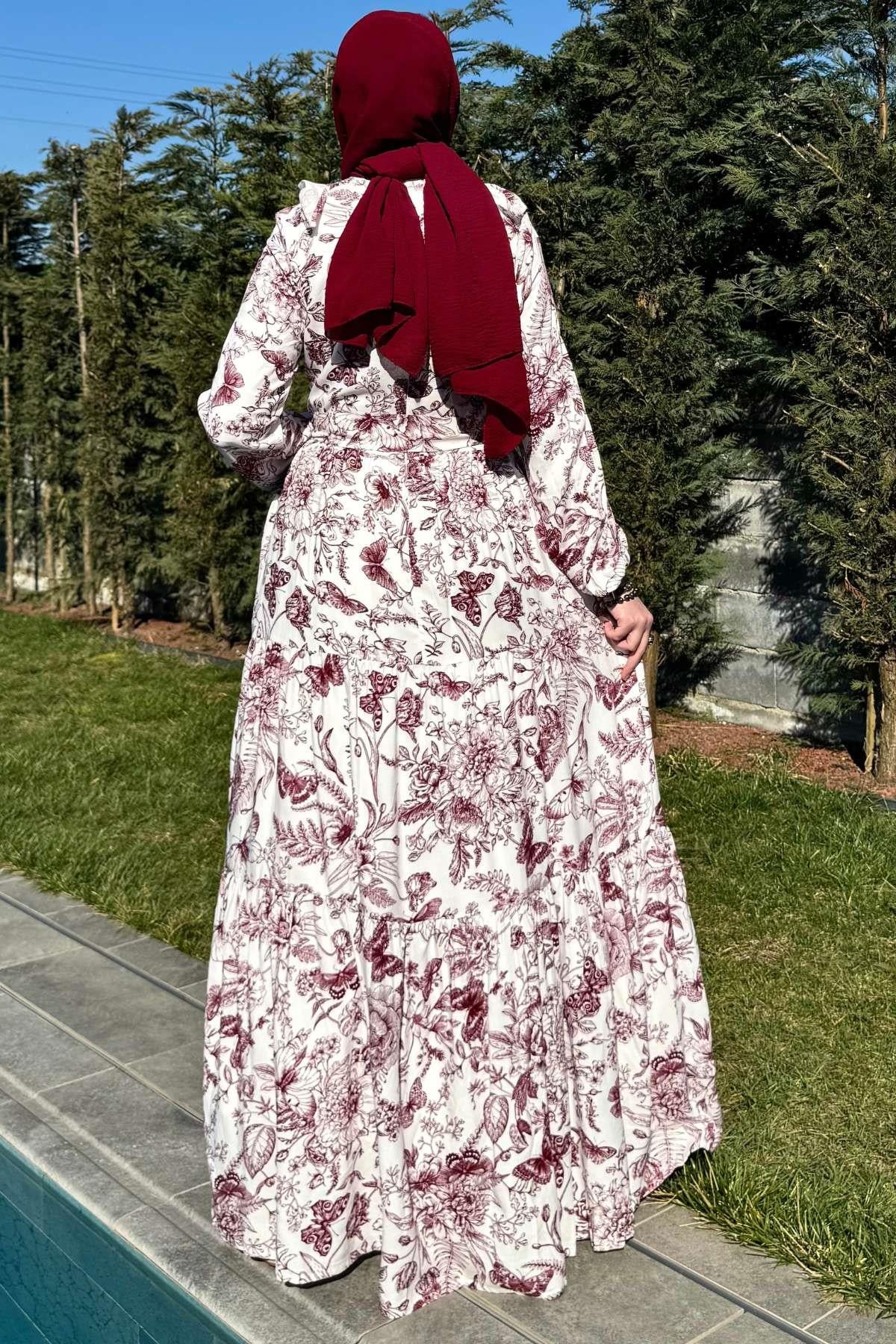 Su Desenli Elbise Kahve | Rabia Şamlı | Tesettür Giyim, Elbise ve Kadın Giyim Modası