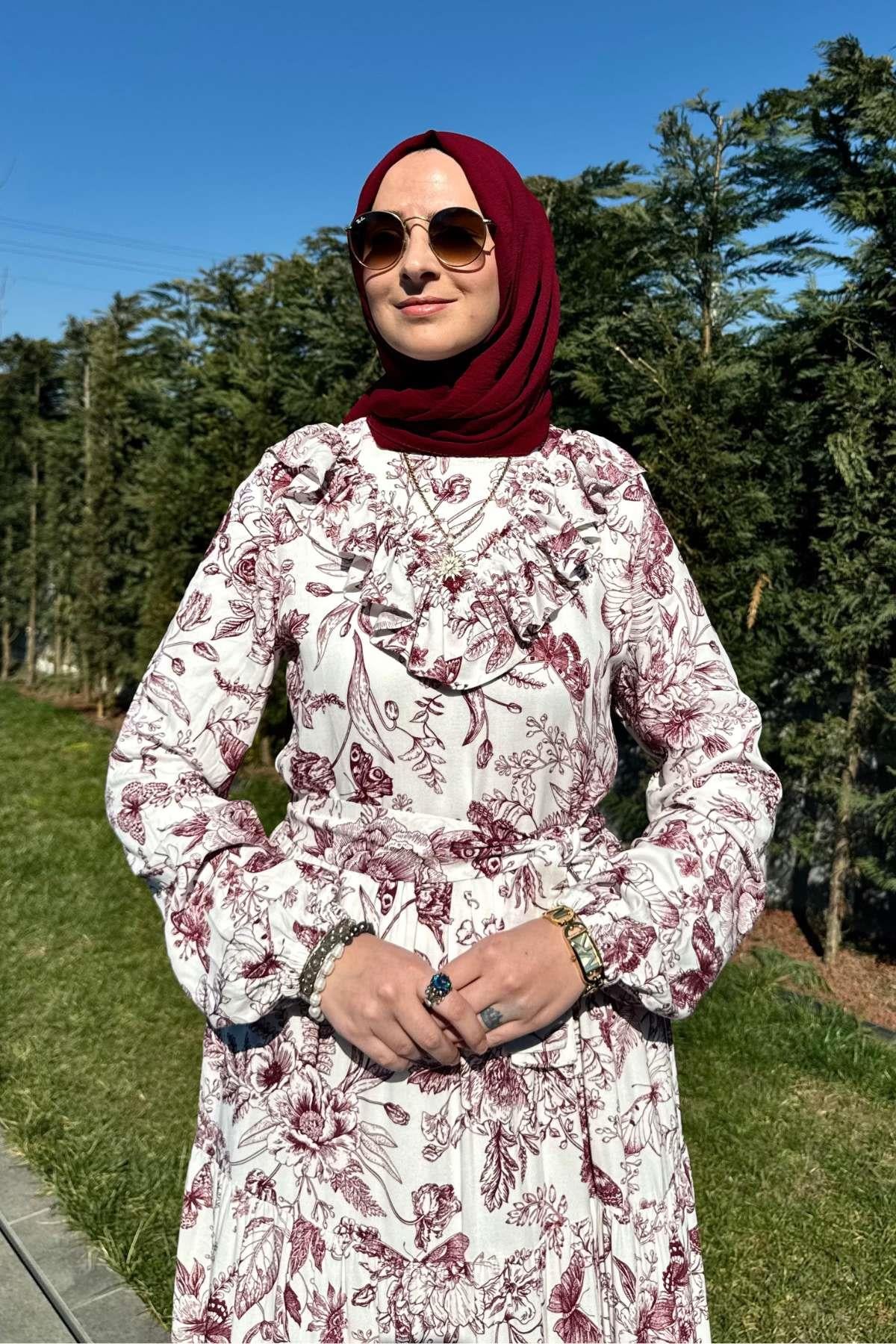 Su Desenli Elbise Kahve | Rabia Şamlı | Tesettür Giyim, Elbise ve Kadın Giyim Modası
