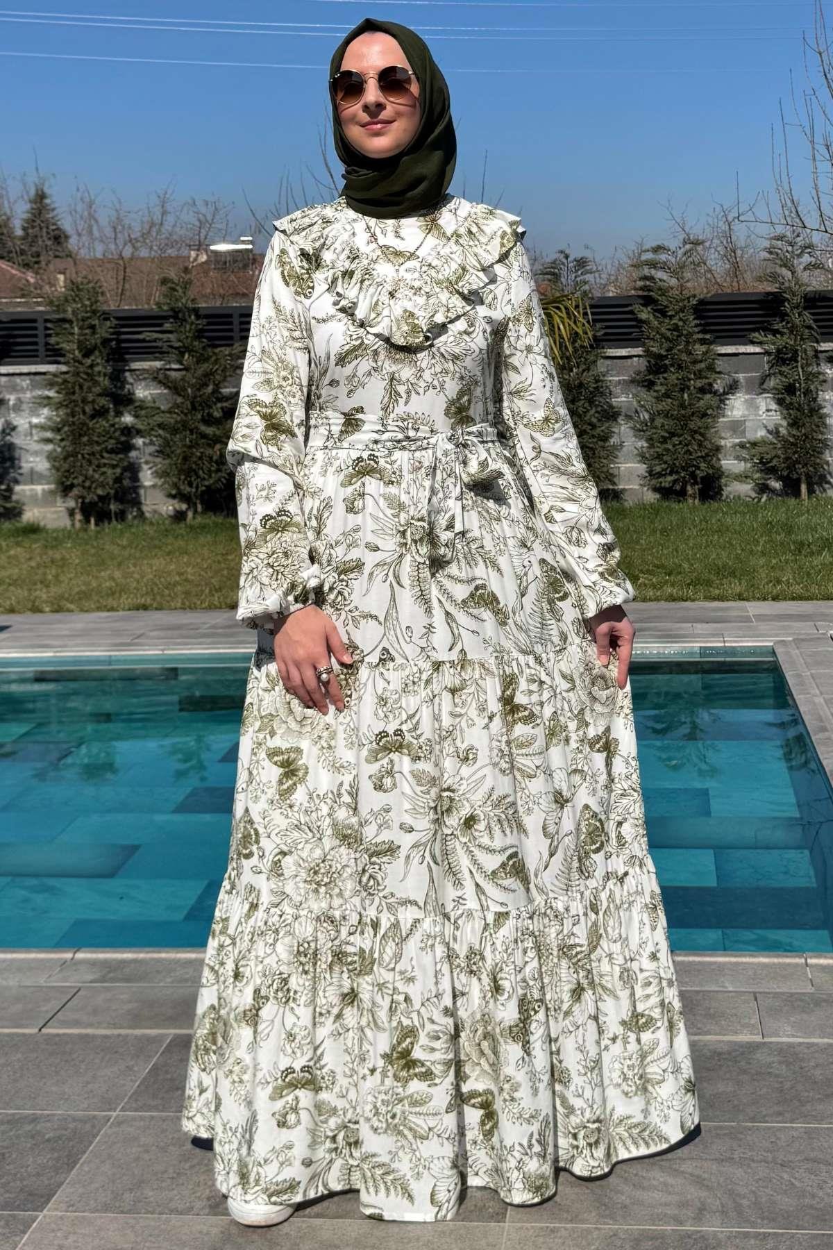 Su Desenli Elbise Kahve | Rabia Şamlı | Tesettür Giyim, Elbise ve Kadın Giyim Modası