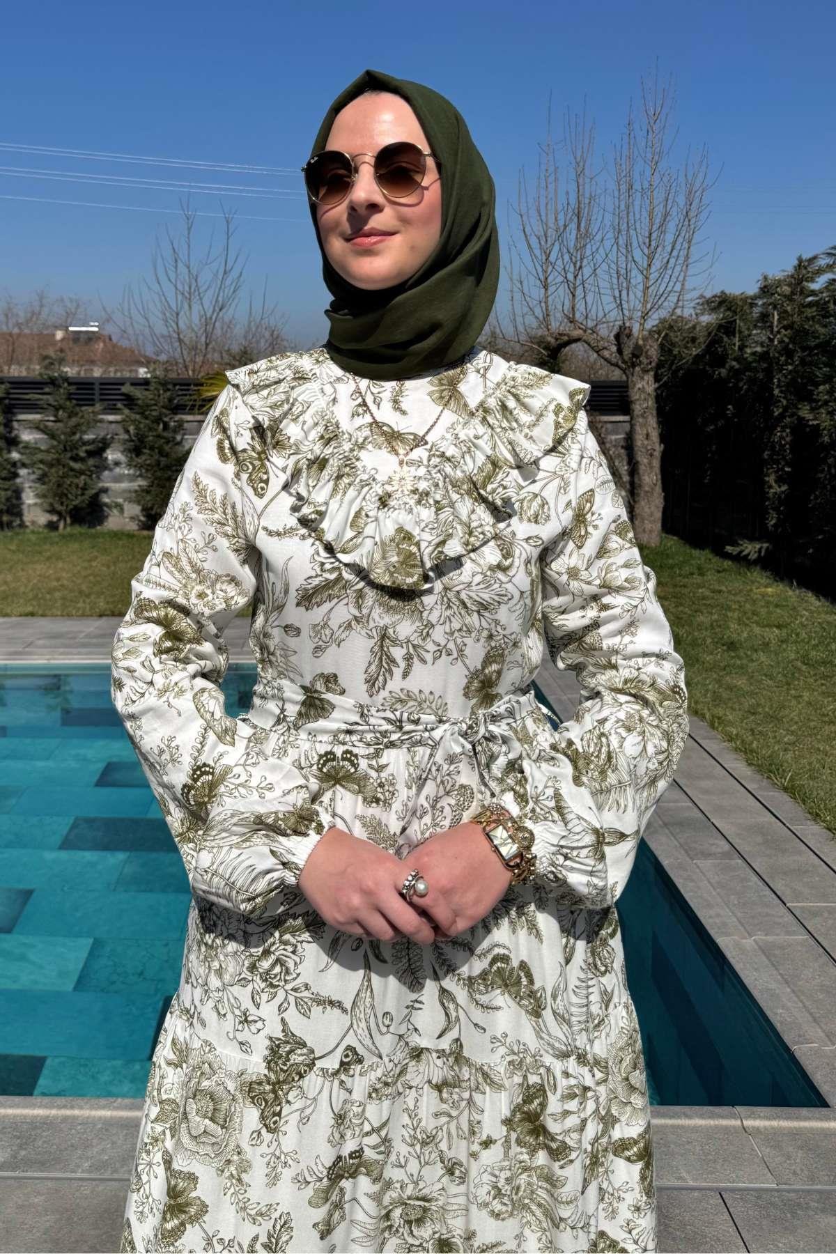 Su Desenli Elbise Kahve | Rabia Şamlı | Tesettür Giyim, Elbise ve Kadın Giyim Modası