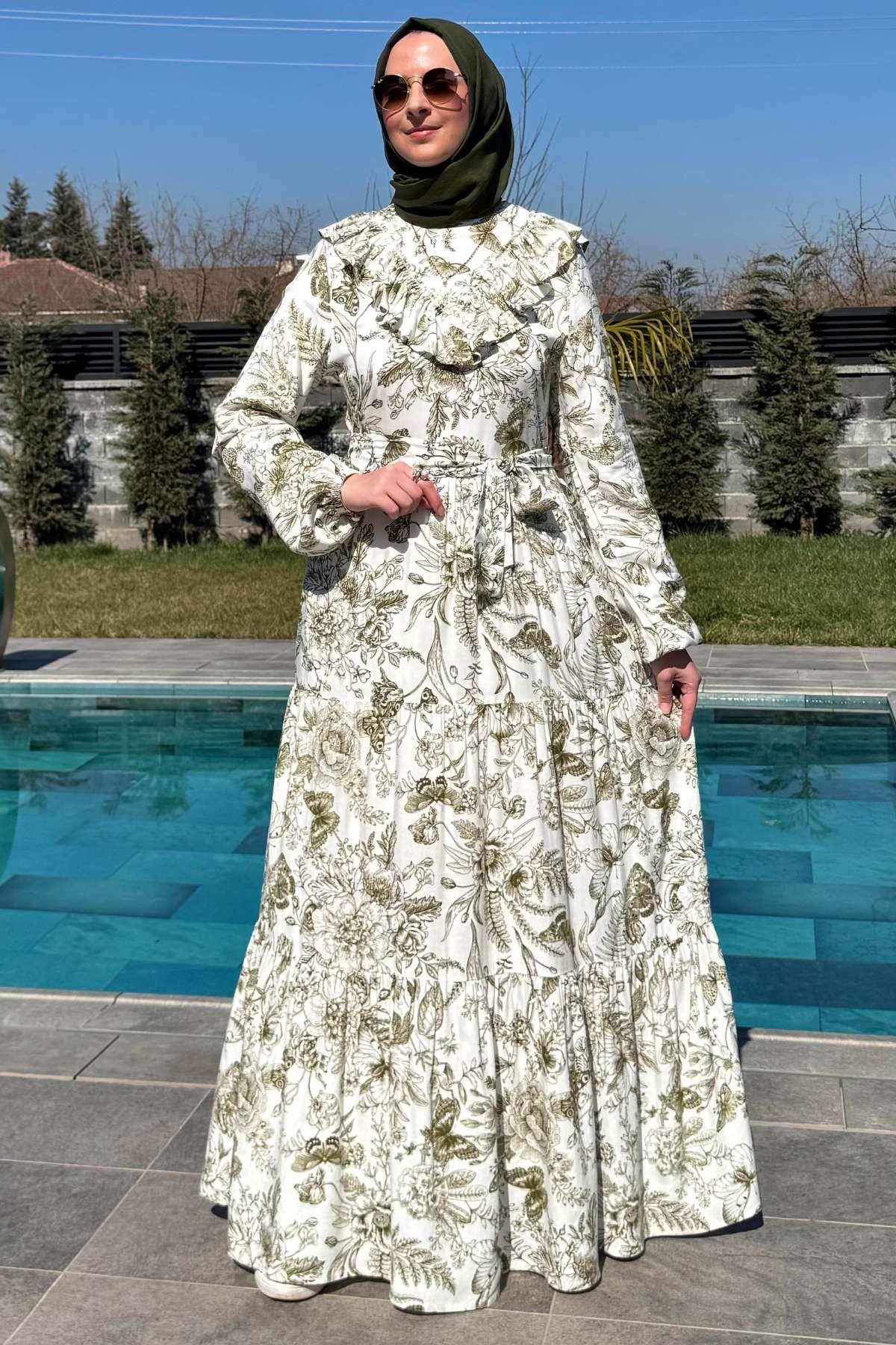 Su Desenli Elbise Kahve | Rabia Şamlı | Tesettür Giyim, Elbise ve Kadın Giyim Modası