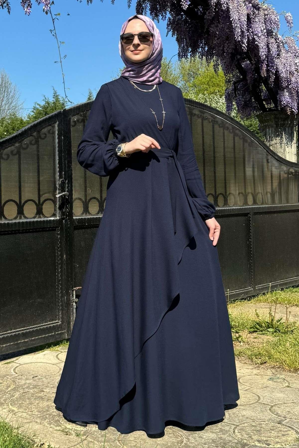Güzide Yaprak Desenli Elbise Mavi | Rabia Şamlı | Tesettür Giyim, Elbise ve Kadın Giyim Modası