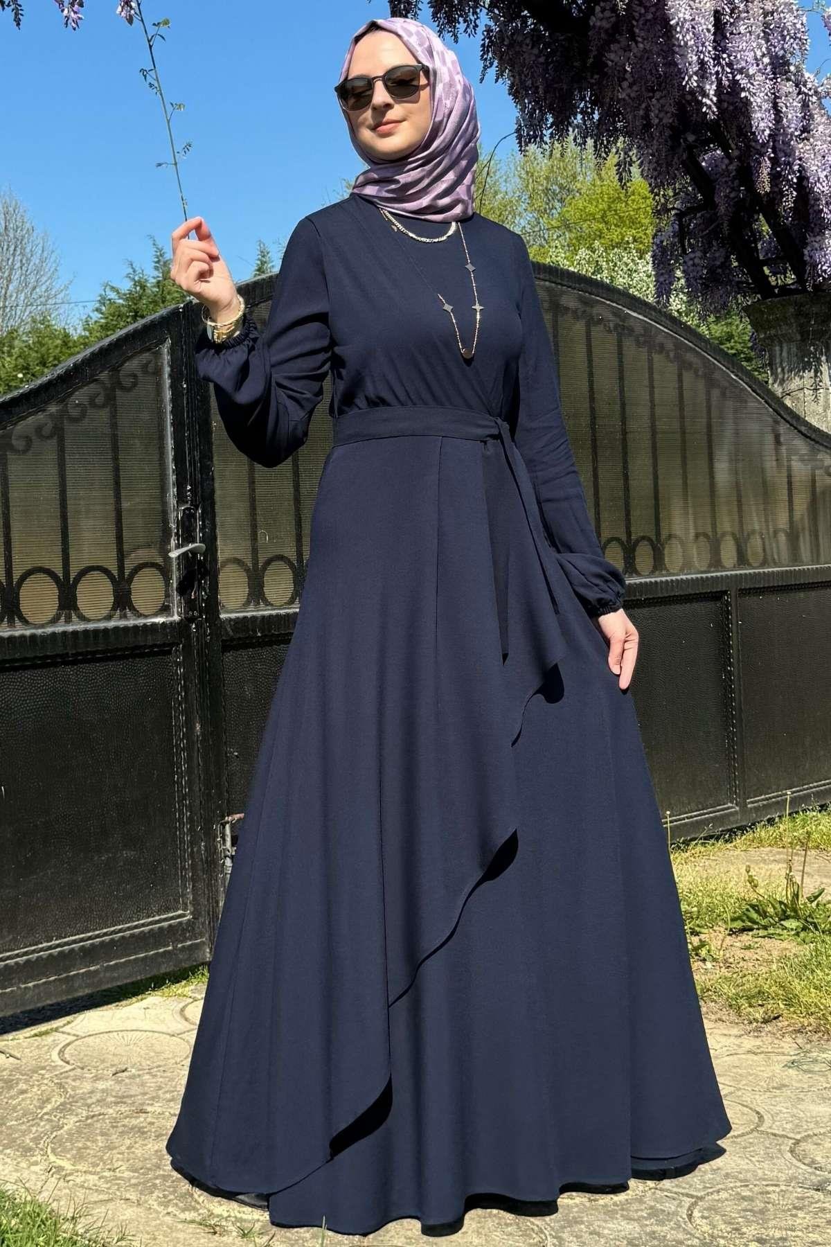 Güzide Yaprak Desenli Elbise Mavi | Rabia Şamlı | Tesettür Giyim, Elbise ve Kadın Giyim Modası