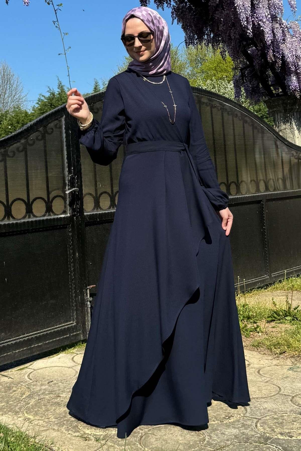 Güzide Yaprak Desenli Elbise Mavi | Rabia Şamlı | Tesettür Giyim, Elbise ve Kadın Giyim Modası