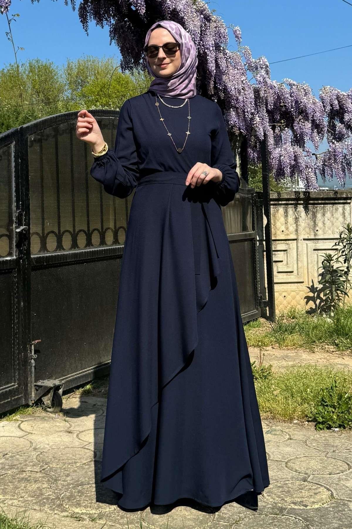 Güzide Yaprak Desenli Elbise Mavi | Rabia Şamlı | Tesettür Giyim, Elbise ve Kadın Giyim Modası