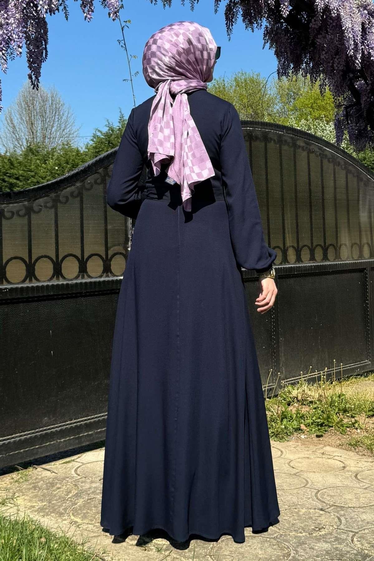 Güzide Yaprak Desenli Elbise Mavi | Rabia Şamlı | Tesettür Giyim, Elbise ve Kadın Giyim Modası