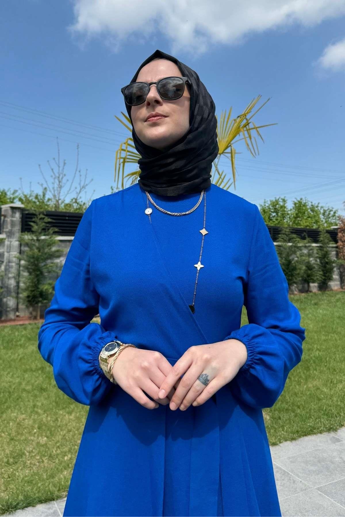 Güzide Yaprak Desenli Elbise Mavi | Rabia Şamlı | Tesettür Giyim, Elbise ve Kadın Giyim Modası