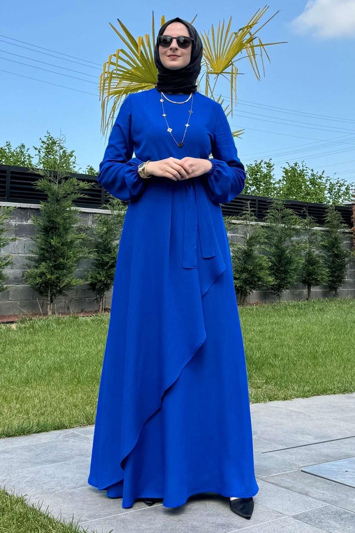 Güzide Yaprak Desenli Elbise Mavi | Rabia Şamlı | Tesettür Giyim, Elbise ve Kadın Giyim Modası
