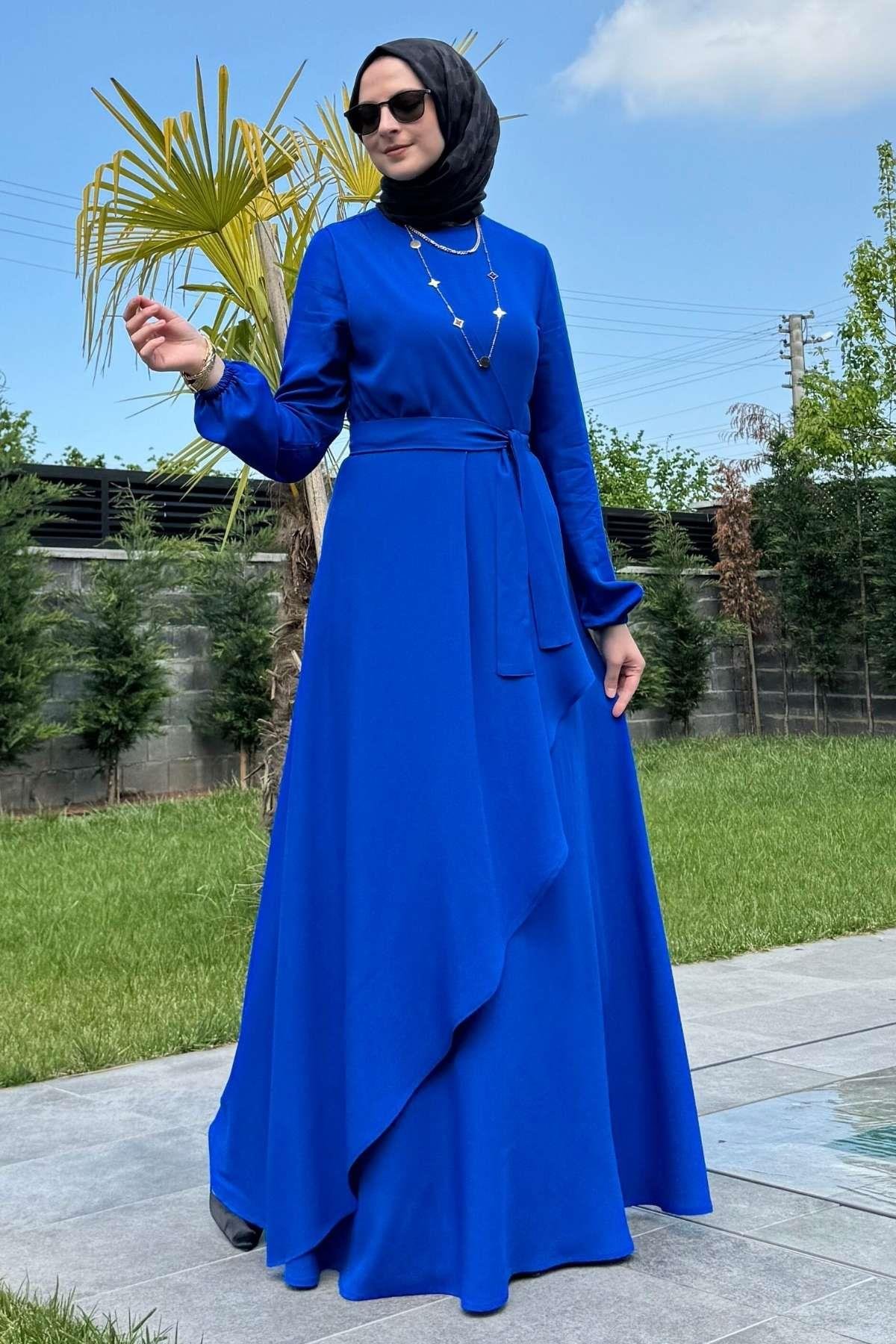 Güzide Yaprak Desenli Elbise Mavi | Rabia Şamlı | Tesettür Giyim, Elbise ve Kadın Giyim Modası