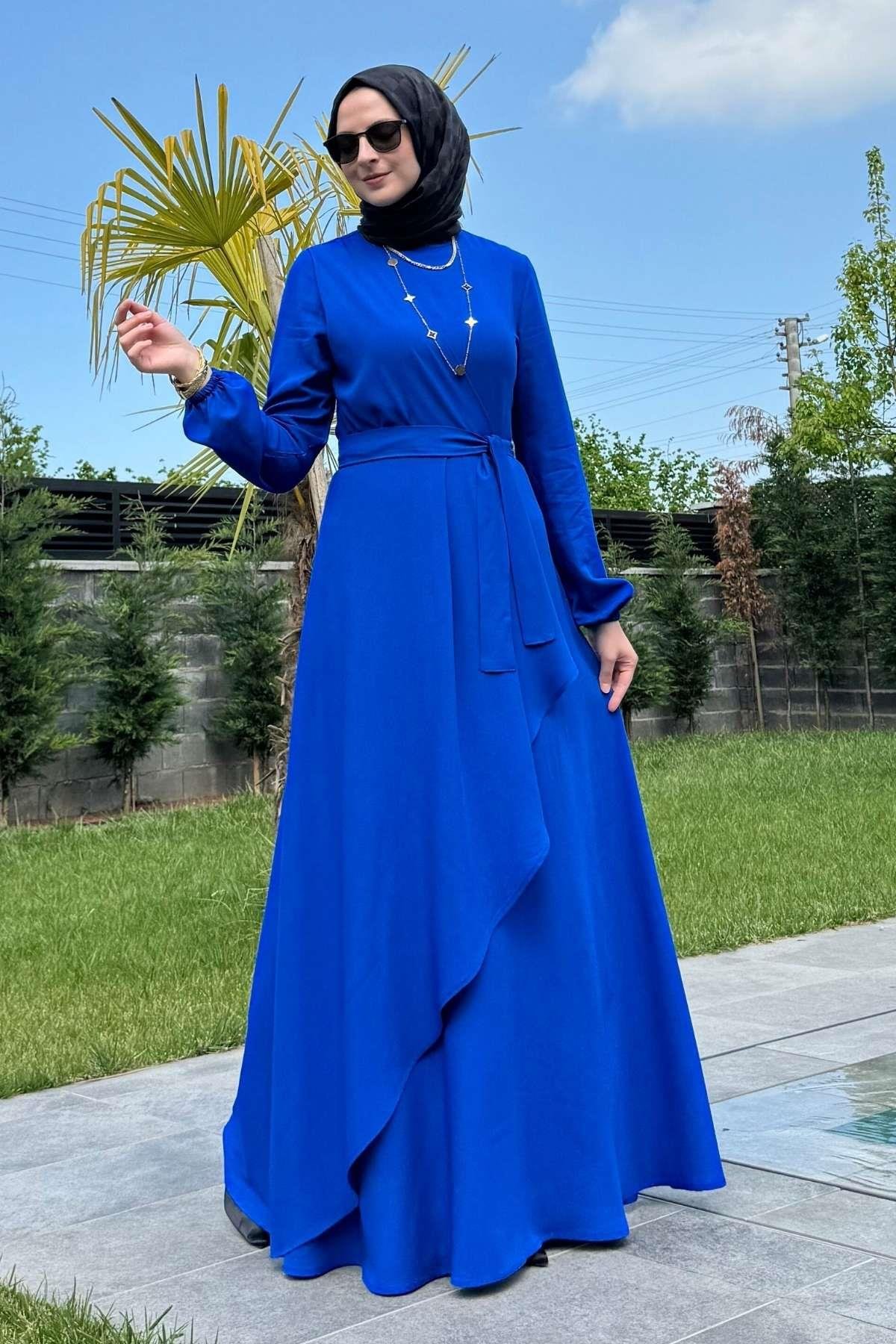 Güzide Yaprak Desenli Elbise Mavi | Rabia Şamlı | Tesettür Giyim, Elbise ve Kadın Giyim Modası