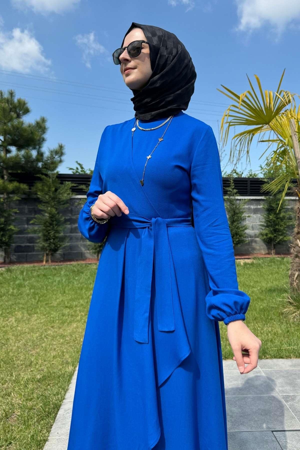 Güzide Yaprak Desenli Elbise Mavi | Rabia Şamlı | Tesettür Giyim, Elbise ve Kadın Giyim Modası