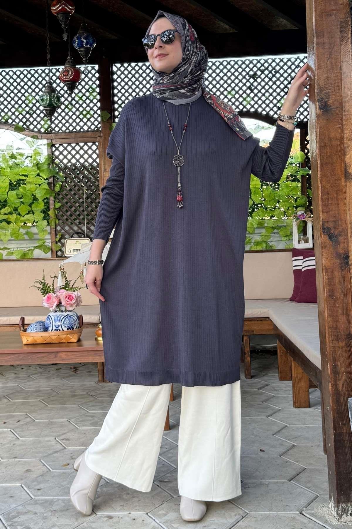 Hamiyet Çizgili Triko Tunik Siyah | Rabia Şamlı | Tesettür Giyim, Elbise ve Kadın Giyim Modası