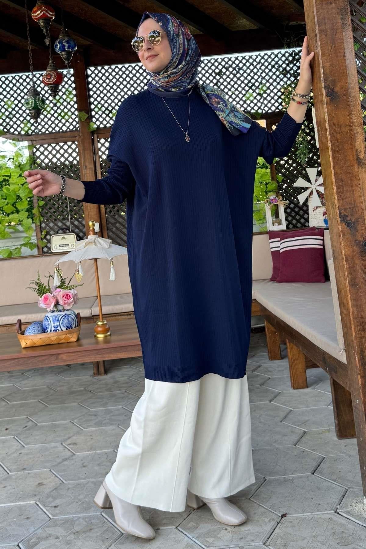 Hamiyet Çizgili Triko Tunik Siyah | Rabia Şamlı | Tesettür Giyim, Elbise ve Kadın Giyim Modası