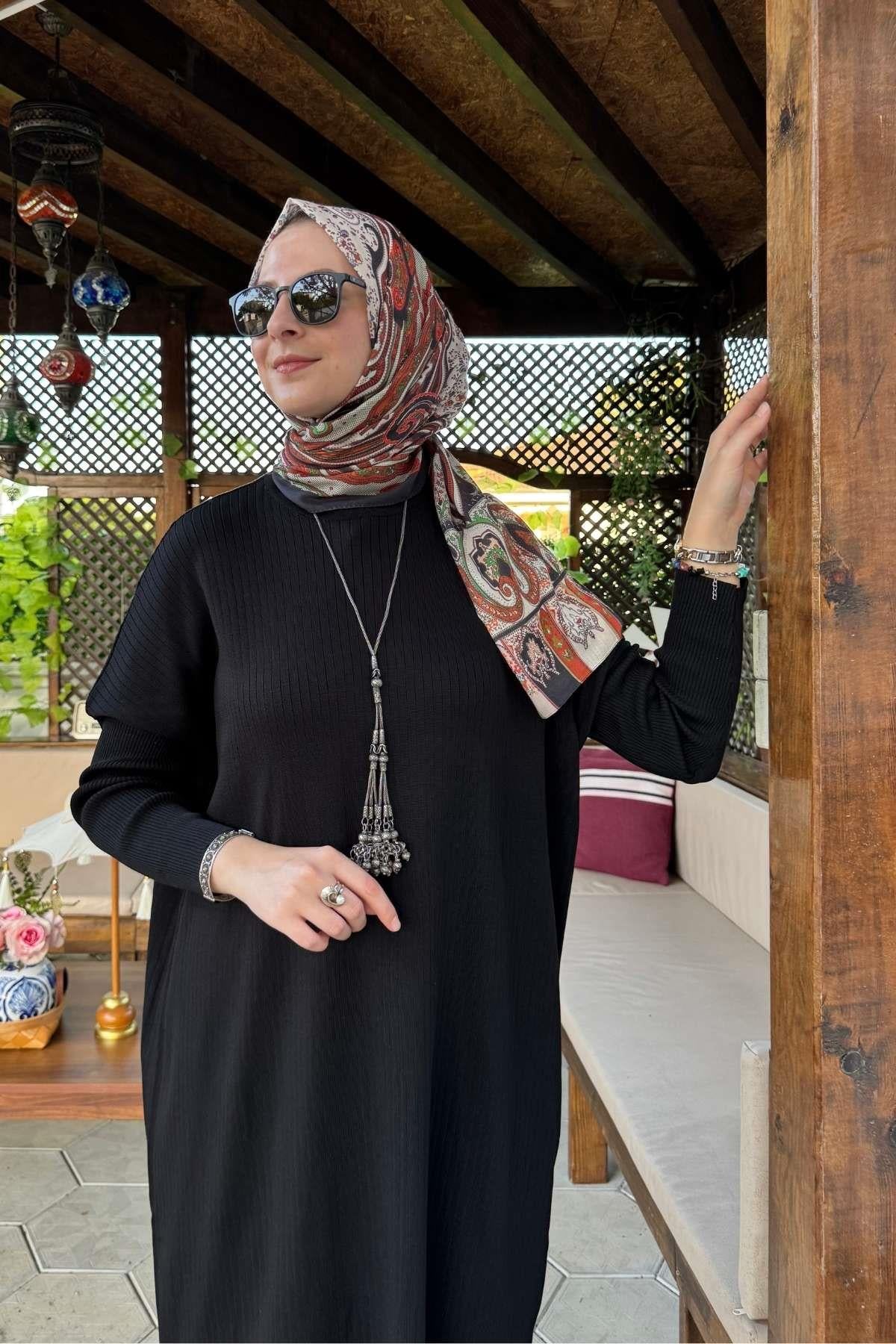 Hamiyet Çizgili Triko Tunik Siyah | Rabia Şamlı | Tesettür Giyim, Elbise ve Kadın Giyim Modası