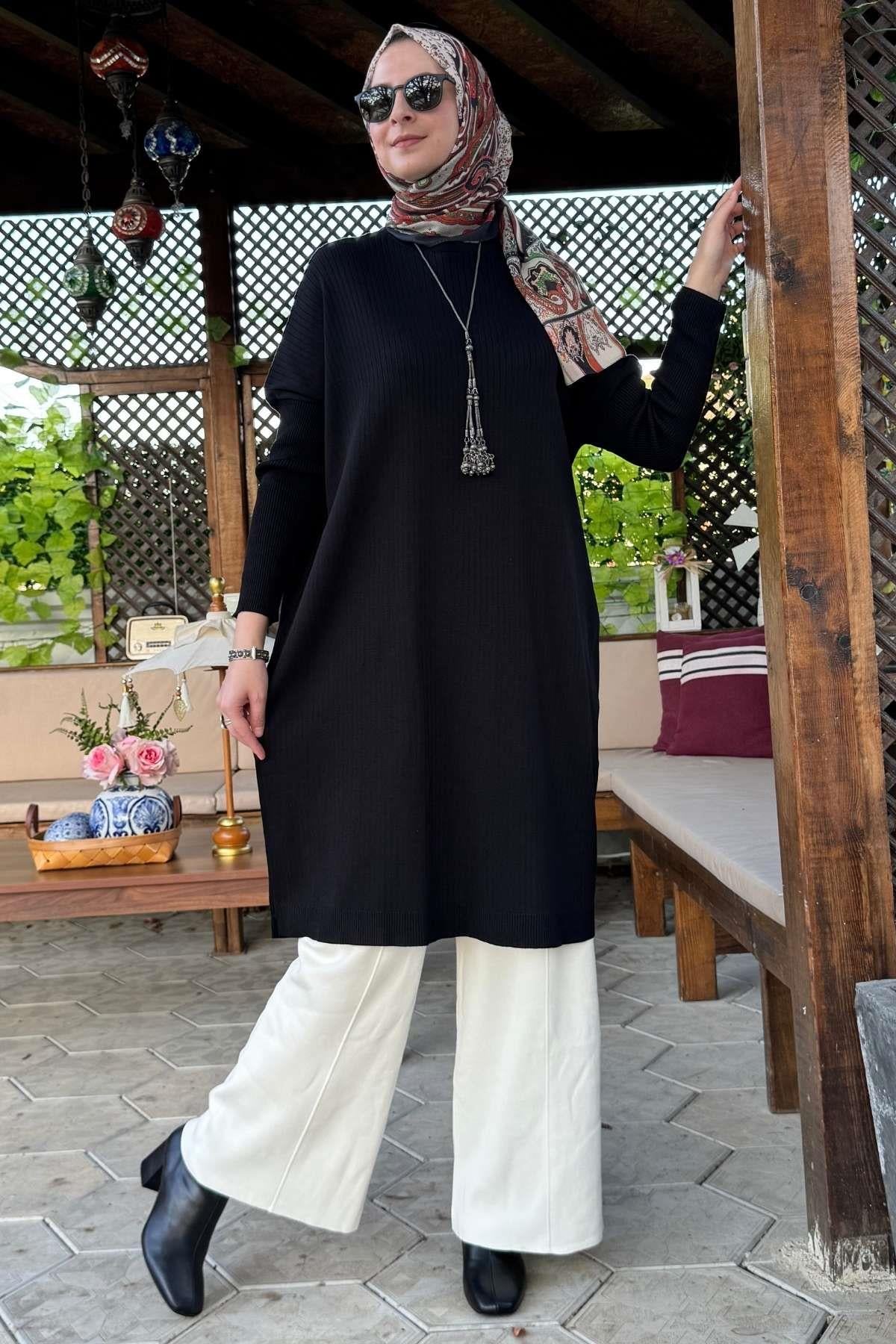 Hamiyet Çizgili Triko Tunik Siyah | Rabia Şamlı | Tesettür Giyim, Elbise ve Kadın Giyim Modası