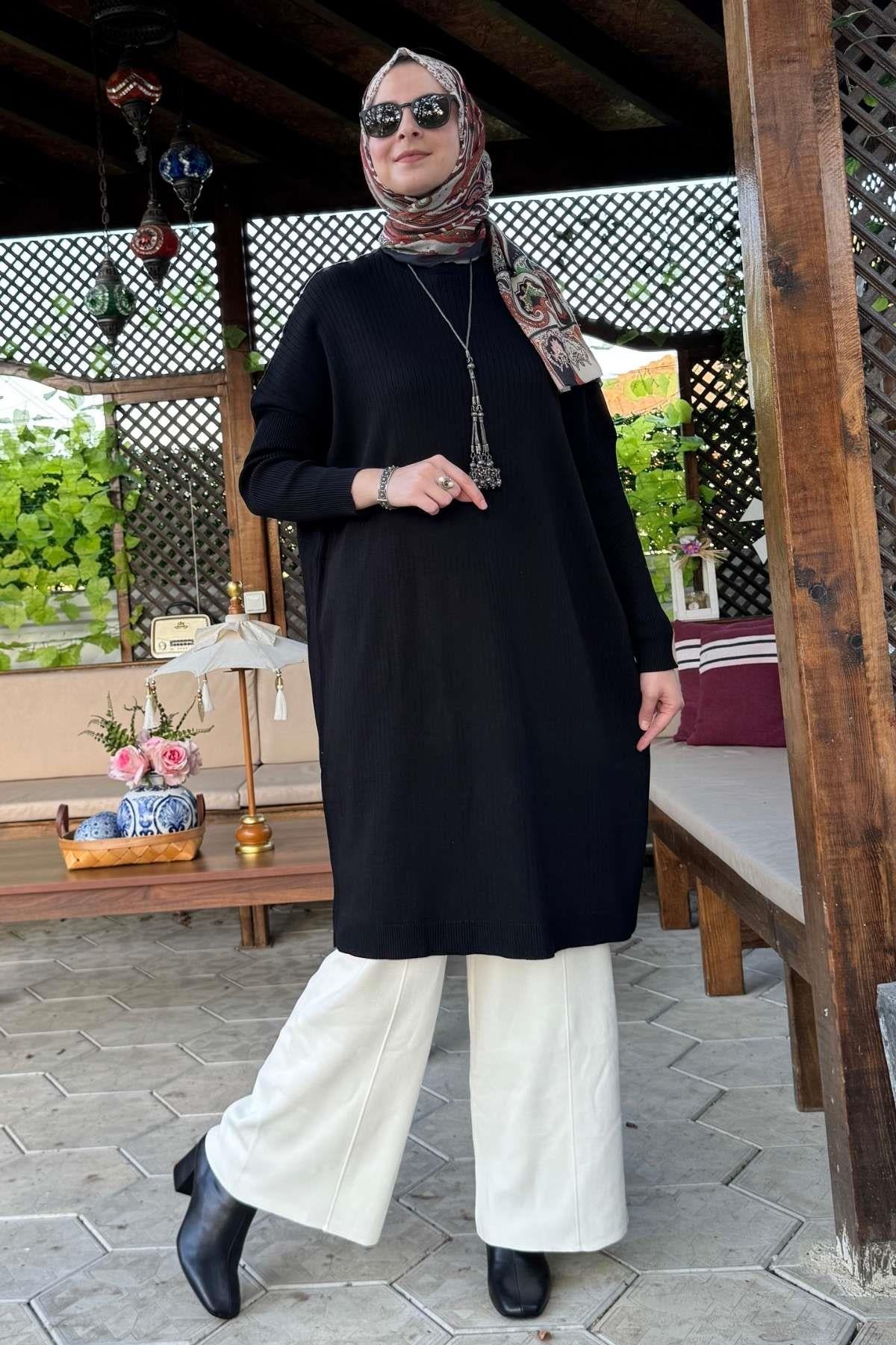 Hamiyet Çizgili Triko Tunik Siyah | Rabia Şamlı | Tesettür Giyim, Elbise ve Kadın Giyim Modası
