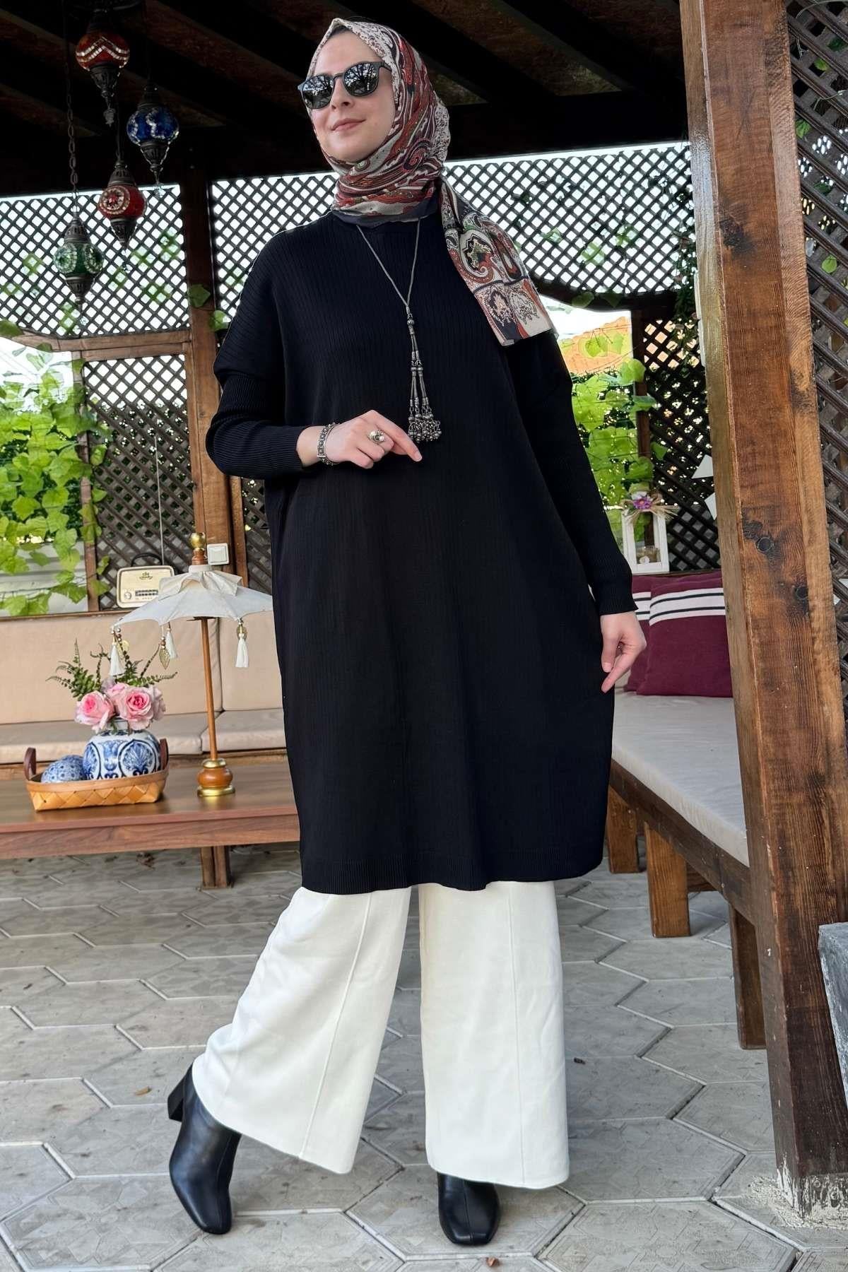 Hamiyet Çizgili Triko Tunik Siyah | Rabia Şamlı | Tesettür Giyim, Elbise ve Kadın Giyim Modası