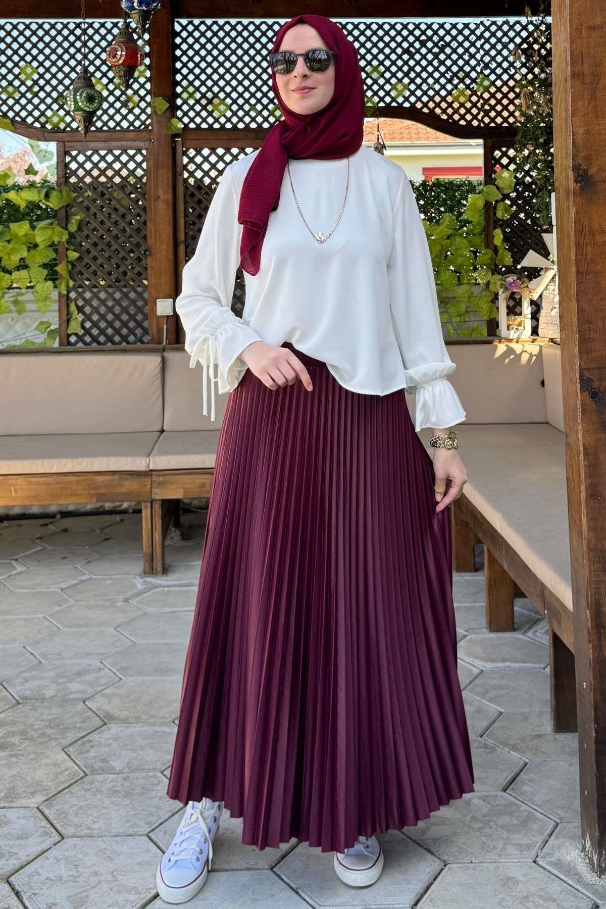 Eliz Bordo Plise Etek - Rabia Şamlı | Tesettür Giyim, Elbise ve Kadın Giyim Modası